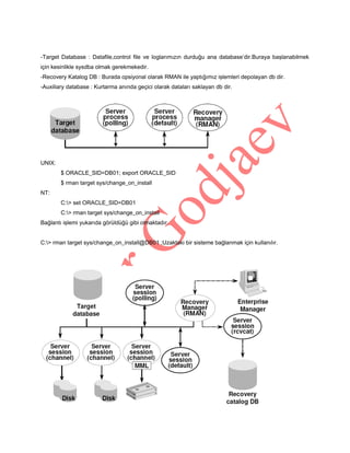 -Target Database : Datafile,control file ve loglarımızın durduğu ana database’dir.Buraya başlanabilmek
için kesinlikle sysdba olmak gerekmekedir.
-Recovery Katalog DB : Burada opsiyonal olarak RMAN ile yaptığımız işlemleri depolayan db dir.
-Auxiliary database : Kurtarma anında geçici olarak dataları saklayan db dir.

UNIX:
$ ORACLE_SID=DB01; export ORACLE_SID
$ rman target sys/change_on_install
NT:
C:> set ORACLE_SID=DB01
C:> rman target sys/change_on_install
Bağlantı işlemi yukarıda görüldüğü gibi olmaktadır.
C:> rman target sys/change_on_install@DB01 ;Uzaktaki bir sisteme bağlanmak için kullanılır.

 