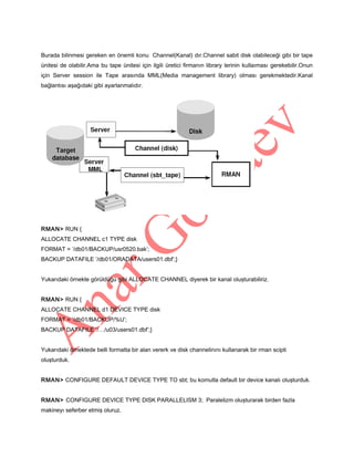 Burada bilinmesi gereken en önemli konu Channel(Kanal) dır.Channel sabit disk olabileceği gibi bir tape
ünitesi de olabilir.Ama bu tape ünitesi için ilgili üretici firmanın library lerinin kullaıması gerekebilir.Onun
için Server session ile Tape arasında MML(Media management library) olması gerekmektedir.Kanal
bağlantısı aşağıdaki gibi ayarlanmalıdır.

RMAN> RUN {
ALLOCATE CHANNEL c1 TYPE disk
FORMAT = ’/db01/BACKUP/usr0520.bak’;
BACKUP DATAFILE ’/db01/ORADATA/users01.dbf’;}
Yukarıdaki örnekte görüldüğü gibi ALLOCATE CHANNEL diyerek bir kanal oluşturabiliriz.
RMAN> RUN {
ALLOCATE CHANNEL d1 DEVICE TYPE disk
FORMAT = ’/db01/BACKUP/%U’;
BACKUP DATAFILE ’/…/u03/users01.dbf’;}
Yukarıdaki örnektede belli formatta bir alan vererk ve disk channelinını kullanarak bir rman scipti
oluşturduk.
RMAN> CONFIGURE DEFAULT DEVICE TYPE TO sbt; bu komutla default bir device kanalı oluşturduk.
RMAN> CONFIGURE DEVICE TYPE DISK PARALLELISM 3; Paralelizm oluşturarak birden fazla
makineyı seferber etmiş oluruz.

 