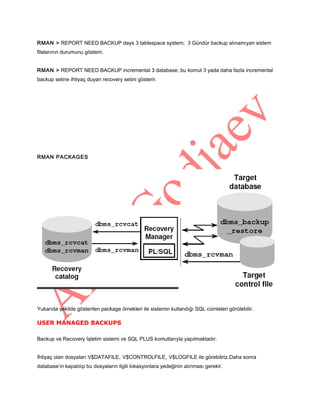 RMAN > REPORT NEED BACKUP days 3 tablespace system; 3 Gündür backup alınamıyan sistem
filelarının durumunu gösterir.
RMAN > REPORT NEED BACKUP incremental 3 database; bu komut 3 yada daha fazla incremental
backup setine ihtiyaç duyan recovery setini gösterir.

RMAN PACKAGES

Yukarıda şekilde gösterilen package örnekleri ile sistemin kullandığı SQL cümleleri görülebilir.

USER MANAGED BACKUPS
Backup ve Recovery İşletim sistemi ve SQL PLUS komutlarıyla yapılmaktadır.
İhtiyaç olan dosyaları V$DATAFILE, V$CONTROLFILE, V$LOGFILE ile görebiliriz.Daha sonra
database’in kapatılıp bu dosyaların ilgili lokasyonlara yedeğinin alınması gerekir.

 