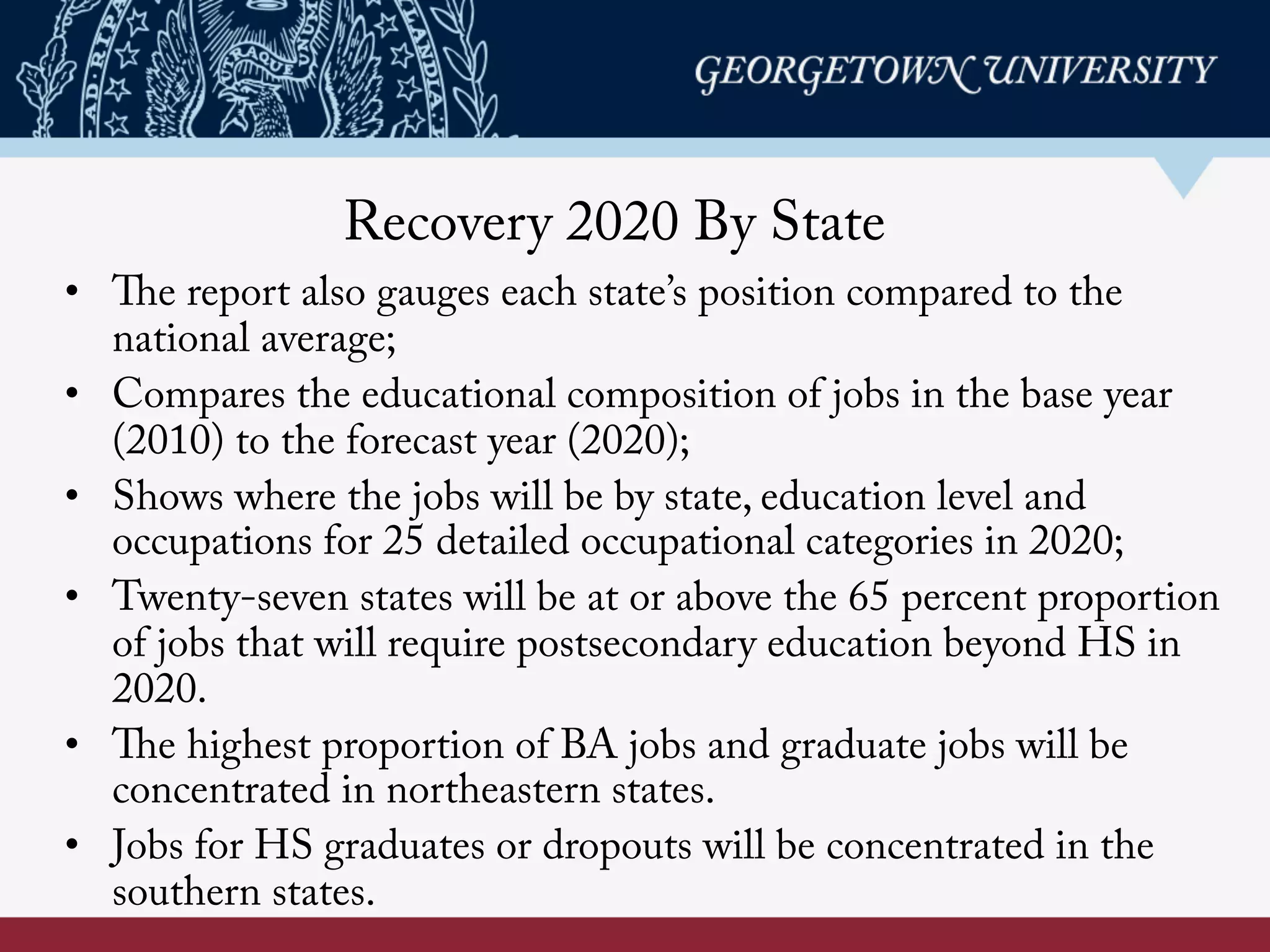 Recovery 2020 By State
•  The report also gauges each state’s position compared to the
national average;
•  Compares the educational composition of jobs in the base year
(2010) to the forecast year (2020);
•  Shows where the jobs will be by state, education level and
occupations for 25 detailed occupational categories in 2020;
•  Twenty-seven states will be at or above the 65 percent proportion
of jobs that will require postsecondary education beyond HS in
2020.
•  The highest proportion of BA jobs and graduate jobs will be
concentrated in northeastern states.
•  Jobs for HS graduates or dropouts will be concentrated in the
southern states.
 