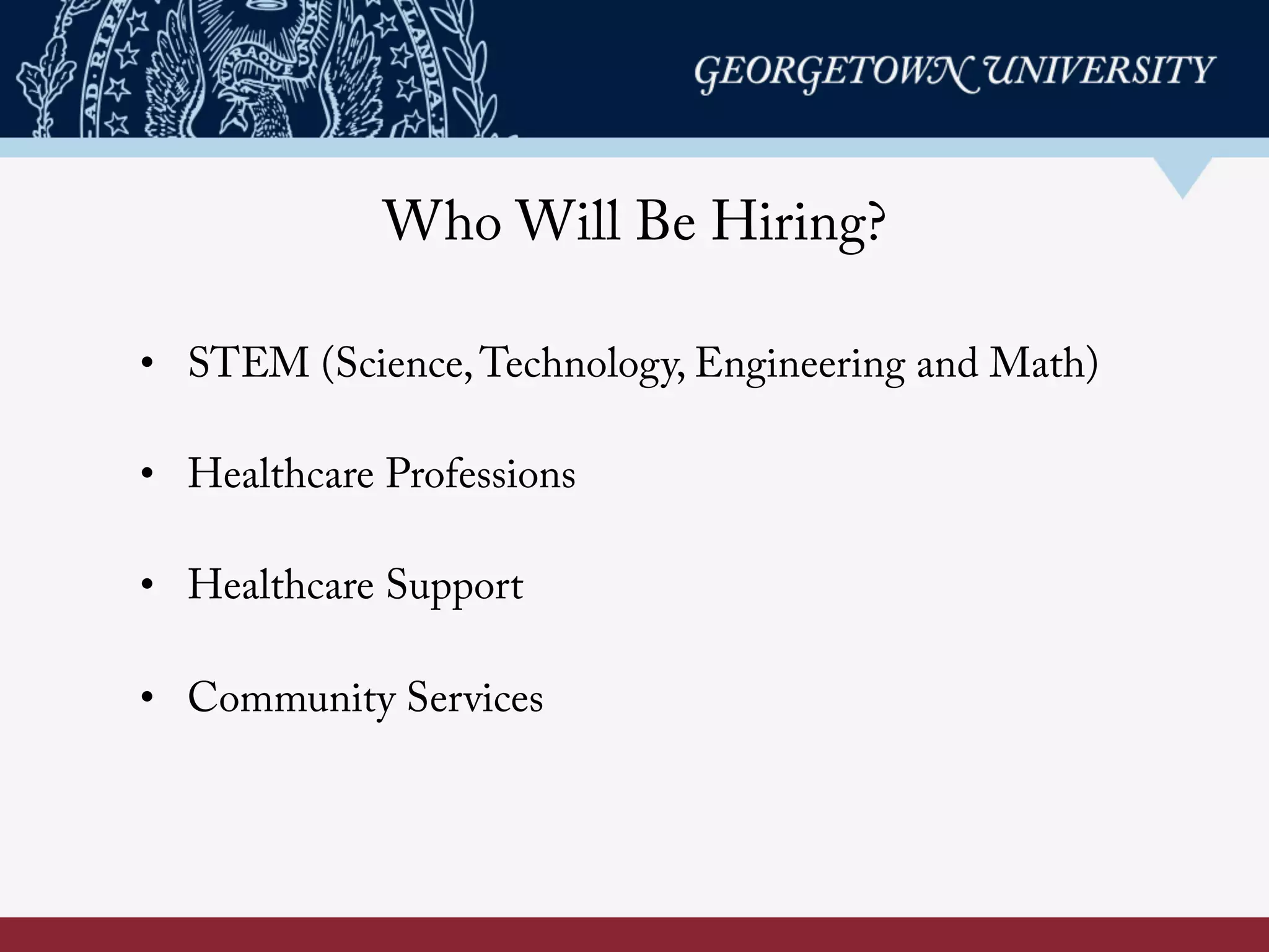 Who Will Be Hiring?
•  STEM (Science,Technology, Engineering and Math)
•  Healthcare Professions
•  Healthcare Support
•  Community Services
 