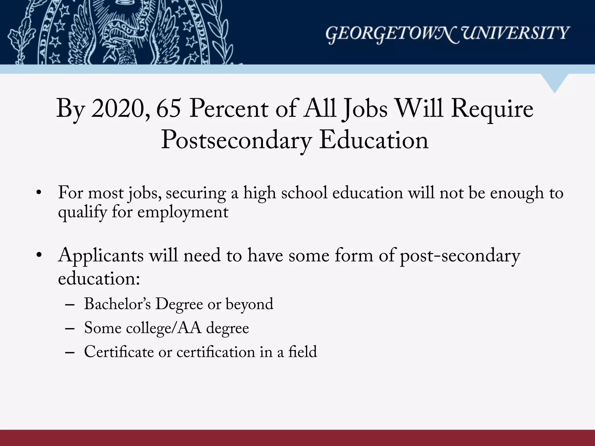 By 2020, 65 Percent of All Jobs Will Require
Postsecondary Education
•  Applicants will need to have some form of post-secondary
education:
–  Bachelor’s Degree or beyond
–  Some college/AA degree
–  Certificate or certification in a field
•  For most jobs, securing a high school education will not be enough to
qualify for employment
 