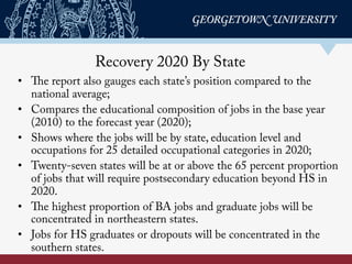 Recovery 2020 By State
•  The report also gauges each state’s position compared to the
national average;
•  Compares the educational composition of jobs in the base year
(2010) to the forecast year (2020);
•  Shows where the jobs will be by state, education level and
occupations for 25 detailed occupational categories in 2020;
•  Twenty-seven states will be at or above the 65 percent proportion
of jobs that will require postsecondary education beyond HS in
2020.
•  The highest proportion of BA jobs and graduate jobs will be
concentrated in northeastern states.
•  Jobs for HS graduates or dropouts will be concentrated in the
southern states.
 