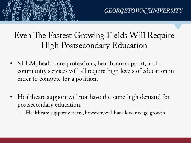 Even The Fastest Growing Fields Will Require
High Postsecondary Education
•  STEM, healthcare professions, healthcare supp...