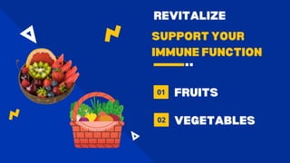 SUPPORT YOUR
IMMUNE FUNCTION
REVITALIZE
01
02
FRUITS
VEGETABLES
 