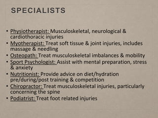 SPECIALISTS
• Physiotherapist: Musculoskeletal, neurological &
cardiothoracic injuries
• Myotherapist: Treat soft tissue & joint injuries, includes
massage & needling
• Osteopath: Treat musculoskeletal imbalances & mobility
• Sport Psychologist: Assist with mental preparation, stress
& anxiety
• Nutritionist: Provide advice on diet/hydration
pre/during/post training & competition
• Chiropractor: Treat musculoskeletal injuries, particularly
concerning the spine
• Podiatrist: Treat foot related injuries
 