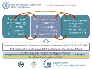 Assessment
methodology
 levels
 causes
 impacts
Evidence-based
 policies
 strategies
 programmes
 investments
Awareness/capacity
development
 Global
Community of
Practice (CoP)
Coordination and collaboration with public and private sector, academia, civil society, IFAD, WFP, UNEP, UNIDO
FAO multi-disciplinary working group (HQ & Sub/Regional/ National/Liaison Offices)
Beneficiaries: the global agricultural and food system stakeholders
Primary production Post-harvest handling Processing Distribution Sales Consumption
By–products and waste management optimization
 