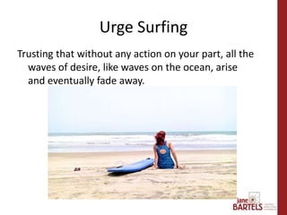 Trusting that without any action on your part, all the
waves of desire, like waves on the ocean, arise
and eventually fade away.
Urge Surfing
 