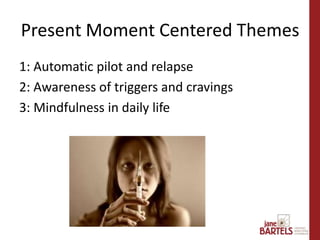 1: Automatic pilot and relapse
2: Awareness of triggers and cravings
3: Mindfulness in daily life
Present Moment Centered Themes
 