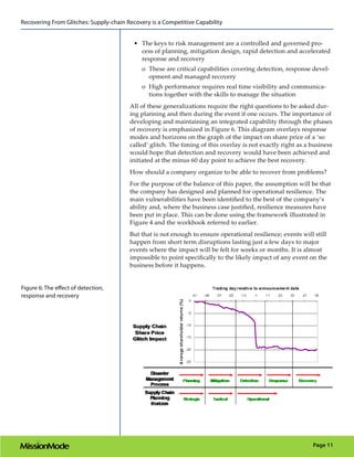 Recovering From Glitches: Supply-chain Recovery is a Competitive Capability


                                          •	 The keys to risk management are a controlled and governed pro-
                                             cess of planning, mitigation design, rapid detection and accelerated
                                             response and recovery
                                             oo These are critical capabilities covering detection, response devel-
                                                opment and managed recovery
                                             oo High performance requires real time visibility and communica-
                                                tions together with the skills to manage the situation
                                        All of these generalizations require the right questions to be asked dur-
                                        ing planning and then during the event if one occurs. The importance of
                                        developing and maintaining an integrated capability through the phases
                                        of recovery is emphasized in Figure 6. This diagram overlays response
                                        modes and horizons on the graph of the impact on share price of a ‘so
                                        called’ glitch. The timing of this overlay is not exactly right as a business
                                        would hope that detection and recovery would have been achieved and
                                        initiated at the minus 60 day point to achieve the best recovery.
                                        How should a company organize to be able to recover from problems?
                                        For the purpose of the balance of this paper, the assumption will be that
                                        the company has designed and planned for operational resilience. The
                                        main vulnerabilities have been identified to the best of the company’s
                                        ability and, where the business case justified, resilience measures have
                                        been put in place. This can be done using the framework illustrated in
                                        Figure 4 and the workbook referred to earlier.
                                        But that is not enough to ensure operational resilience; events will still
                                        happen from short term disruptions lasting just a few days to major
                                        events where the impact will be felt for weeks or months. It is almost
                                        impossible to point specifically to the likely impact of any event on the
                                        business before it happens.


Figure 6: The effect of detection,
response and recovery




                                                                                                             Page 11
 