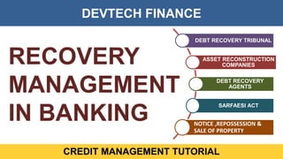 DEVTECH FINANCE
CREDIT MANAGEMENT TUTORIAL
RECOVERY
MANAGEMENT
IN BANKING
DEBT RECOVERY TRIBUNAL
ASSET RECONSTRUCTION
COMPANIES
DEBT RECOVERY
AGENTS
SARFAESI ACT
NOTICE ,REPOSSESSION &
SALE OF PROPERTY
 