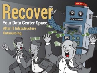 Recover Your Data Center Space After IT Infrastructure Outsourcing.
Get rid of your extra in-house data center space and equipment before you destroy your outsourcing
business case.
As an Infrastructure Manager or IT Director, I’ve made the financial case for outsourcing our organization’s
IT infrastructure. However, I cannot achieve the savings I’ve outlined unless we recover our excess data
center space and repatriate it back to the business.
Failure to recover excess data center space can destroy the financial aspect of your outsourcing business
case.
Recovery of your unutilized assets is time sensitive.
This renovation is not a do-it-yourself project. Seek professional expertise.
• Determine the standby power, cooling, fire protection, security, and space requirements of your data
center based on your current and future workloads remaining in-house.
• Design your data center target state.
• Evaluate the benefits of repurposing your data center and compare the costs of each project option to
decide on a course of action.
• Determine the most optimal time to begin the project, taking capital, resources, and downtime
considerations into account.
• Develop a business case to achieve management buy-in.
• Develop a plan to manage your assets and mitigate risks associated with equipment liquidation and
disposal.
• Hire contractors and partners such as IT asset disposition companies to facilitate the project.
• Use a tabletop planning exercise to develop and visualize your plan.
• Hire contractors using Info-Tech’s interview guides and scorecards.
• Monitor your project and track success.
 