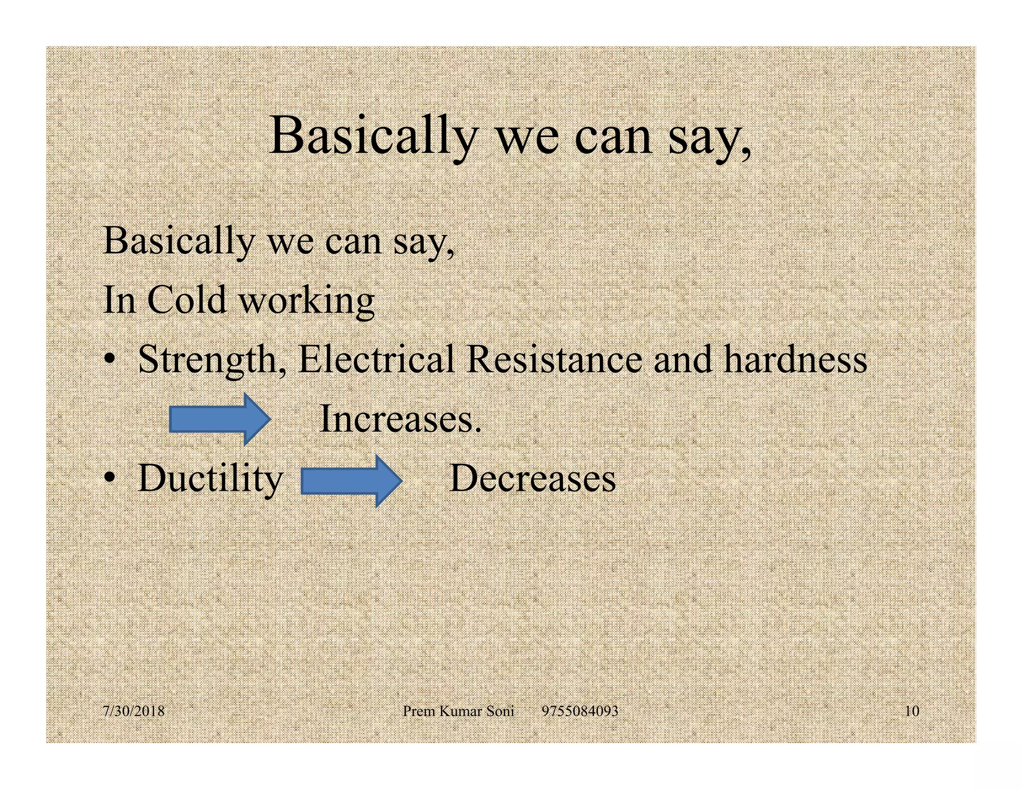 Basically we can say,
Basically we can say,
In Cold working
• Strength, Electrical Resistance and hardness
Increases.
• Ductility Decreases
7/30/2018 Prem Kumar Soni 9755084093 10
 