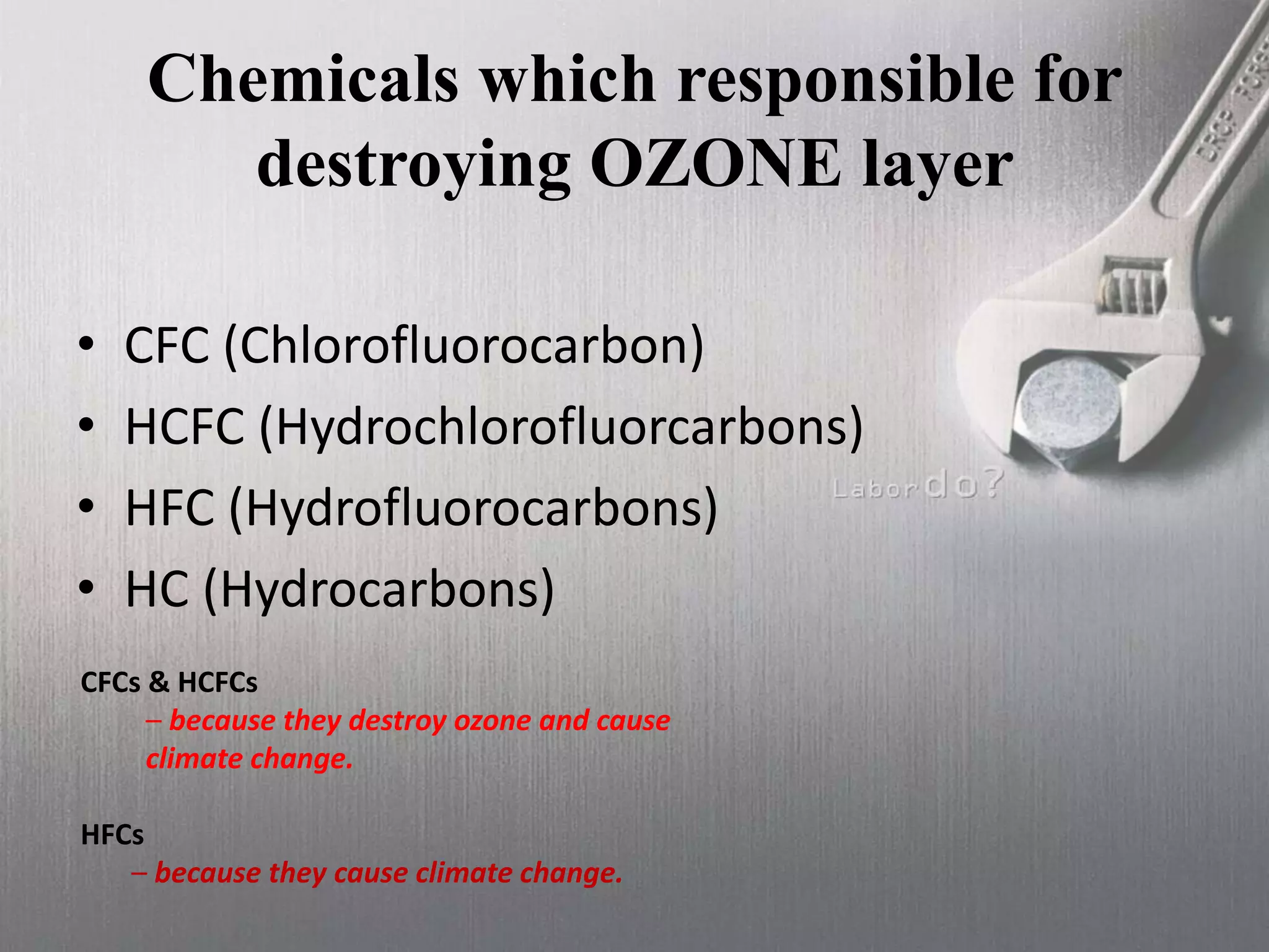 Chemicals which responsible for
destroying OZONE layer
• CFC (Chlorofluorocarbon)
• HCFC (Hydrochlorofluorcarbons)
• HFC (Hydrofluorocarbons)
• HC (Hydrocarbons)
CFCs & HCFCs
– because they destroy ozone and cause
climate change.
HFCs
– because they cause climate change.
 