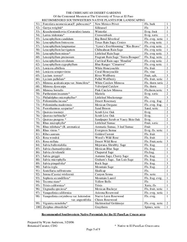 Recommended Southwestern Native Plants for the El Paso