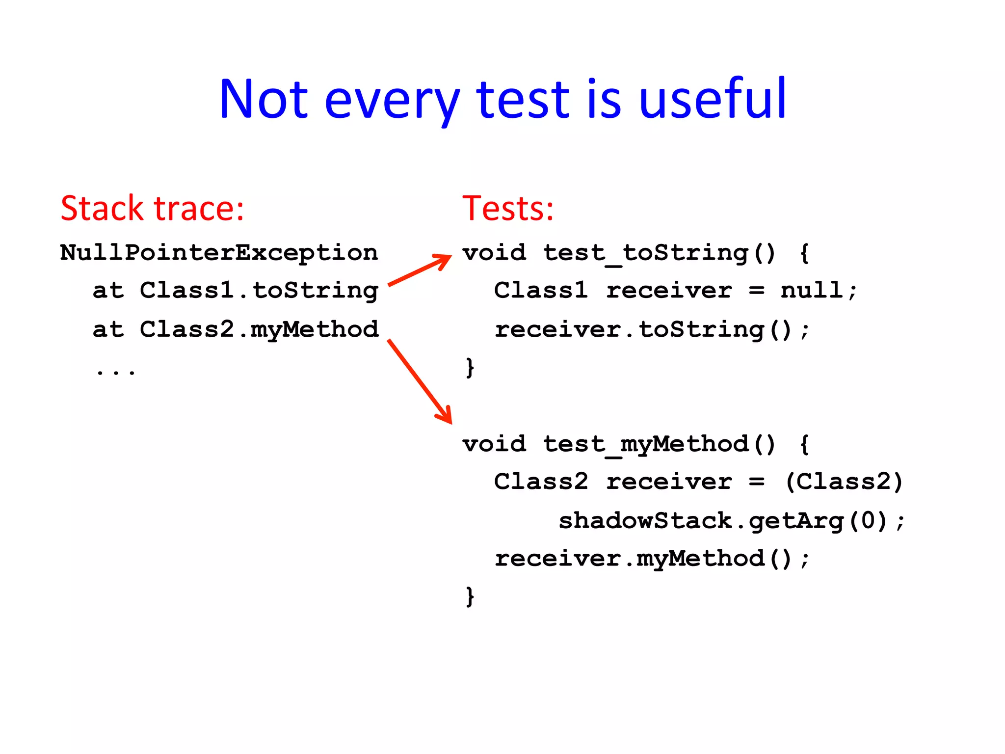 Not	
  every	
  test	
  is	
  useful	
  
Stack	
  trace:	
              Tests:	
  
NullPointerException           void test_toString() {
  at Class1.toString             Class1 receiver = null;
  at Class2.myMethod             receiver.toString();
  ...                          }

                               void test_myMethod() {
                                 Class2 receiver = (Class2)
                                     shadowStack.getArg(0);
                                 receiver.myMethod();
                               }
 