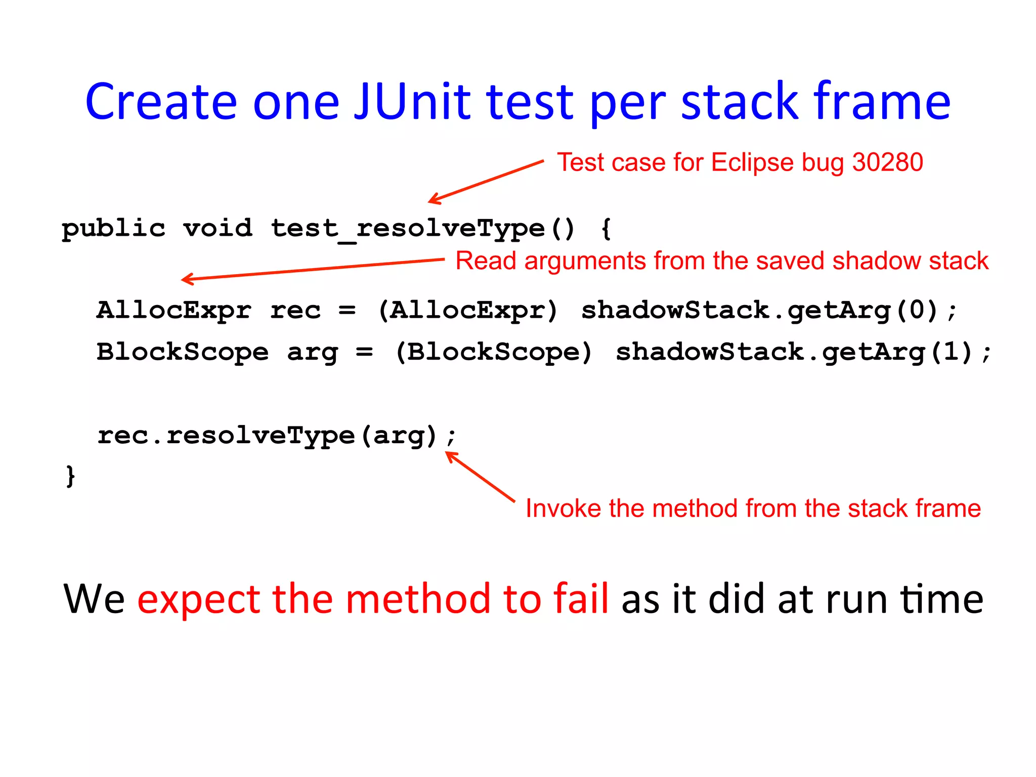 Create	
  one	
  JUnit	
  test	
  per	
  stack	
  frame	
  	
  
                                             Test case for Eclipse bug 30280
                 	
  
public void test_resolveType() {
                                    Read arguments from the saved shadow stack
    AllocExpr rec = (AllocExpr) shadowStack.getArg(0);
    BlockScope arg = (BlockScope) shadowStack.getArg(1);

    rec.resolveType(arg);
}
                                          Invoke the method from the stack frame
	
  
We	
  expect	
  the	
  method	
  to	
  fail	
  as	
  it	
  did	
  at	
  run	
  Yme	
  
 