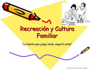 “ La familia que juega unida, seguirá unida” Recreación y Cultura Familiar Preparado por:  Maria Marta Vargas 
