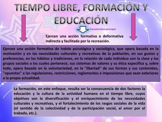 Característica principal

                          Ejercen una acción formativa o deformativa
                          indirecta y facilitada por la recreación.
Ejercen una acción formativa de índole psicológica y sociológica, que opera basada en la
motivación y en las necesidades culturales y recreativas de la población, en sus gustos y
preferencias, en los hábitos y tradiciones, en la relación de cada individuo con la clase y los
grupos sociales a los cuales pertenece, sus sistemas de valores y su ética especifica y, sobre
todo, opera basado en la voluntariedad, en la "libertad" de sus formas y sus contenidos,
"opuestos" a las regulaciones, restricciones, reglamentos e imposiciones que sean exteriores
a la propia actualidad.

      La formación, en este enfoque, resulta ser la consecuencia de dos factores la
      educación y la cultura de la actividad humana en el tiempo libre, cuyos
      objetivos son la diversificación y el enriquecimiento de las necesidades
      culturales y recreativas, y el fortalecimiento de los rasgos sociales de la vida
      (el sentido de la colectividad y de la participación social, el amor por el
      trabado, etc.).
 