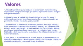1.Valores Biogenéticos: que se traducen en conservación, mantenimiento y
mejoramiento biológico del cuerpo, que permite equilibrar el sistema endógeno
con agentes exógenos.
2.Valores Sociales: se traducen en comportamiento, aceptación, ajuste y
ambientación del hombre al medio socio-cultural a través de actividades que
permiten la relación, interacción y comunicación.
3.Valores Físicos: se traducen en el desarrollo armónico del cuerpo humano y
todos sus sistemas, produciendo un incremento general y una compensación al
esfuerzo rutinario del trabajo y al stress social en función de su salud. Además
contribuye a la consolidación del crecimiento y la inclinación hacia ciertas
habilidades y destrezas necesarias para el desarrollo del deporte competitivo y la
supervivencia social.
4.Valor Social: Es un fenómeno social a través del cual el hombre canaliza sus
inquietudes y expectativa comunitarios para subsistir, constituyendo a formar un
ciudadano comunicativo e interesado en sus semejantes
Valores
 