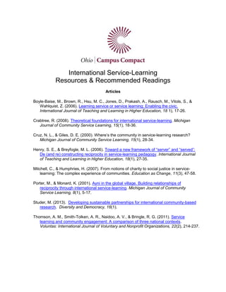 International Service-Learning
Resources & Recommended Readings
Articles
Boyle-Baise, M., Brown, R., Hsu, M. C., Jones, D., Prakash, A., Rausch, M., Vitols, S., &
Wahlquist, Z. (2006). Learning service or service learning: Enabling the civic.
International Journal of Teaching and Learning in Higher Education, 18 1), 17-26.
Crabtree, R. (2008). Theoretical foundations for international service-learning. Michigan
Journal of Community Service Learning, 15(1), 18-36.
Cruz, N. L., & Giles, D. E. (2000). Where’s the community in service-learning research?
Michigan Journal of Community Service Learning, 15(1), 28-34.
Henry, S. E., & Breyfogle, M. L. (2006). Toward a new framework of “server” and “served”:
De (and re) constructing reciprocity in service-learning pedagogy. International Journal
of Teaching and Learning in Higher Education, 18(1), 27-35.
Mitchell, C., & Humphries, H. (2007). From notions of charity to social justice in service-
learning: The complex experience of communities. Education as Change, 11(3), 47-58.
Porter, M., & Monard, K. (2001). Ayni in the global village. Building relationships of
reciprocity through international service-learning. Michigan Journal of Community
Service Learning, 8(1), 5-17.
Studer, M. (2013). Developing sustainable partnerships for international community-based
research. Diversity and Democracy, 16(1).
Thomson, A. M., Smith-Tolken, A. R., Naidoo, A. V., & Bringle, R. G. (2011). Service
learning and community engagement: A comparison of three national contexts.
Voluntas: International Journal of Voluntary and Nonprofit Organizations, 22(2), 214-237.
 