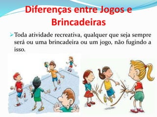 Diferenças entre Jogos e
Brincadeiras
Toda atividade recreativa, qualquer que seja sempre
será ou uma brincadeira ou um jogo, não fugindo a
isso.
 