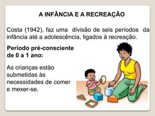 A INFÂNCIA E A RECREAÇÃO
Costa (1942), faz uma divisão de seis períodos da
infância até a adolescência, ligados à recreação.
Período pré-consciente
de 0 a 1 ano:
As crianças estão
submetidas às
necessidades de comer
e mexer-se.
 