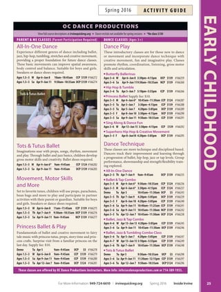 Kids Love Music
Come sing, dance and play together with animal puppets
and rhythm instruments. Explore making music with
drums, xylophones and glockenspiels. Children gain ton-
al memory, motor skills, cognitive development and have
a fun time bonding with you! Class content changes each
session. More info: info@kidslovemusic.net. Adult par-
ticipation required. Inst: Karen Greeno. Optional supply
fee: $20. Ages: 1-4.
Tu Apr 5–May 3 4:15pm–5pm NCP $65 #164631
Tu Apr 5–May 3 5:15pm–6pm NCP $65 #164632
Sa Apr 23–May 21 10am–10:45am WBCP $65 #164635
Tu May 10–Jun 7 4:15pm–5pm NCP $65 #164633
Tu May 10–Jun 7 5:15pm–6pm NCP $65 #164634
South Coast Music Together
Experience the acclaimed and international research-based
music and movement program for infants, toddlers and the
adults who love them. Classes fow with songs, dance and
instrumental jam sessions in a spirit of warmth and com-
munity. More info: scmusictogether@aol.com. Parent par-
ticipation required. Inst: South Coast Music Together. Cur-
riculum fee: $41. Infant siblings younger than 9 months
may register for free as space permits. Call 949-724-6611
to reserve the free spot. Ages birth-4yrs. *No class 5/30.
M Apr 11–Jun 20* 9:15am–10am TRCP $184 #165150
M Apr 11–Jun 20* 10:15am–11am TRCP $184 #165151
Tu Apr 12–Jun 14 9:15am–10am TRCP $184 #165152
Tu Apr 12–Jun 14 10:15am–11am TRCP $184 #165153
Sa Apr 16–Jun 18 9:15am–10am TRCP $184 #165154
Sa Apr 16–Jun 18 10:15am–11am TRCP $184 #165155
Tumble, Tots  Tunes
Dance, sing and tumble with your little ones. Expand your
child’sexperienceandinterestinmusic,danceandgymnas-
ticsthroughmovementandvariousapparatuses.Moreinfo:
shannoncoykendall@gmail.com. Parent participation re-
quired. Inst: Ms. Shannon. Ages 2-3.5
Tu Mar 1–29 10am–10:45am HPCC $61 #161818
Tu Apr 5–26 10am–10:45am HPCC $49 #165329
Tu May 3–31 10am–10:45am HPCC $61 #165330
Tu Jun 7–28 10am–10:45am HPCC $49 #165331
educAtionAl
AlphaBricks
Learn the alphabet with LEGO® bricks. Tis is a hands-
on class where students will design and build educational
models based on letters of the alphabet using DUPLO®
bricks. Children must be toilet trained. More info:
irvine@bricks4kidz.com, 949-415-4391. Inst: Bricks 4 Kidz.
Ages 2.5-4. *No class 5/30.
M Apr 4–May 2 2pm–3pm CCP $89 #165001
M May 9–Jun 6* 2pm–3pm CCP $72 #165002
Parent  Me
Learning Chinese Together
Learnwhilehavingfun!Byusingavarietyoftoolsandtech-
niques including songs, animals, fruits, colors and games,
children and parent teams interact to easily learn Chinese
together. More info: 949-559-6868. Parent participation re-
quired. Supply fee: $10. Ages 2.5-5. *No class 5/28*
Sa Apr 2–Jun 11* 9:10am–9:55am SCCCA $150 #165464
Sa Apr 2–Jun 11* 10am–10:45am SCCCA $150 #165465
Sa Apr 2–Jun 11* 10:50am–11:35am SCCCA $150 #165466
mArtiAl Arts
Tiny Tigers Karate
Tame your little one’s inner tiger with techniques to channel
their energy in this karate class for beginners. Course strives
to instill respect, self-control and confdence. Uniform (Gi)
available from instructor for $26.50 and up. More info:
949-837-8641. Inst: Cadiente or Hemenez. Ages 4-12.
Sa Apr 2–23 9am–10am DCP $48 #165177
Sa May 7–28 9am–10am DCP $48 #165178
Sa Jun 4–25 9am–10am DCP $48 #165179
more choices!
Pirates  Dragons
From pirates and ships to dragons and knights, this class
will transport explorers to another time and place through
crafts and fun activities. Parent participation required.
Ages 3-5.
F May 20 9:30am–10:30am TRCP $9 #166118
F Jun 3 10am–11am HPCC $9 #166734
Tiny Turtles  Dinky Ducks
Tiny Turtles and Dinky Ducks are one-day only courses,
which allow you to sample a variety of our programs.
EARLYCHILDHOOD
24 Inside Irvine Spring 2016 For More Information: 949-724-6610 | irvinequickreg.org
ac t i v i t y g u i d e Spring 2016
 