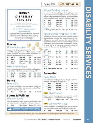 sPring exhiBitions At ifAc
Gallery admission, parking and opening reception are free to the public
14321Yale Avenue, Irvine 949-724-6880 irvinefnearts.org
Y(OURS)
Exhibition: February 13–April 16, 2016
Reception: February 13; 4–6 p.m.
Artist Talk: April 9; 3–4 p.m.
Lindsay Buchman’s solo exhibition Y(OURS) examines
possession through works on paper, sculpture, a site-
specifc installation, and a risograph publication. By
advancing the idea that there is no mine without yours
and no yours without mine, Buchman explores the
relationship between personal and collective property
and what it means to own.
Printmaking: Intaglio Techniques
Learn to print from the bottom of an incision, otherwise
known as the intaglio technique. Explore print techniques
with emphasis on dry point, engraving and etching. Inst:
Ethan Rice. Supply fee: $35-$50. IFAC member: $139.
*No class 5/6, 5/7, 5/27, 5/28, 6/10, 6/11.
F Apr 15–Jun 24* 10am–1pm IFAC $149 #166155
Sa Apr 16–Jun 25* 1pm–4pm IFAC $149 #166156
Printmaking: Introduction
Create fne art prints using printmaking techniques, in-
cluding relief, monotype and intaglio, editioning, chine
colle and more. No experience required. Supply fee: $55.
Inst: Nguyen Ly. IFAC member: $125.
W Mar 30–May 18* 6:30pm–9:30pm IFAC $135 #166152
W Jun 1–Jul 25* 6:30pm–9:30pm IFAC $135 #166892
Traditional Arts
Groutless Mosaics
Create mosaic art using diferent binding agents in con-
junction with stained, dichroic, mirrored and sea glass
tiles, jewels and more. All materials provided, including
dichroic-fused glass made by instructor, Melanie Ellis.
Supply fee: $20. IFAC member: $54. Ages 16+.
Sa Mar 19 12:30pm–4pm IFAC $59 #162481
Sa Apr 23 12:30pm–4pm IFAC $59 #166159
Ikebana: Sogetsu Arrangements
Use branches, twigs and blooms to
create unique, beautiful arrangements.
Practice this 600-year-old Japanese
art while combining traditional and
contemporary styles of Ikebana. Take
home two arrangements each class
session. All levels welcome. Inst: Haruko Takeichi and
Norma McDonald. Supply fee: $8-$12 per class meeting.
IFAC member: $115.
Tu Apr 12–May 10 10am–12:30pm IFAC $125 #166157
Introduction to Mosaics
Design and create a beautiful mosaic clay pot or picture
frame using tile, adhesive and grout. All materials pro-
vided. Inst: Melanie Ellis. IFAC member: $54. Ages 16+.
Sa Mar 26 1:30pm–4:30pm IFAC $59 #166158
Quilt Art
Learn quilting techniques through dynamic projects and
patterns that change each quarter. Finish each session
with a beautiful handcrafed quilt. Pre-cut kits available
for a fee. Bring a sewing machine to class. Additional sup-
ply list will print on registration receipt. Inst: Mary Ellen
Ewert. IFAC member: $90. *No class 4/20.
W Mar 23–May 18* 6:30pm–9:30pm IFAC $99 #166160
W May 25–Jul 13 6:30pm–9:30pm IFAC $99 #166895
Printmaking: Aquatint Techniques
Discover techniques of aquatint, an intaglio printmaking
process and form of etching. Learn to use acid to make
marks bite into a metal plate and the process of aquatint
to create a tonal efect, adding an enhanced, unique qual-
ity to your work. Experience with etching is recommend-
ed, but not required. Inst: Ethan Rice. Supply fee: $35-50.
IFAC member: $139. *No class 5/7, 5/28, 6/11.
Sa Apr 16–Jun 25* 9:30am–12:30pm IFAC $149 #166154
Printmaking: Drypoint
Focus on a process directly related to the intaglio print-
making process, but without chemicals. Use etching
and incising techniques to create small impressions on a
plexi-plate and run a small print edition. Inst: Nguyen Ly.
Supply fee: $50. IFAC member: $139.
W Mar 30–May 18 2:30pm–5:30pm IFAC $149 #166153
W Jun 1–Jul 20 2:30pm–5:30pm IFAC $149 #166893
ARTS
96 Inside Irvine Spring 2016 For More Information: 949-724-6610 | irvinequickreg.org
ac t i v i t y g u i d e Spring 2016
 