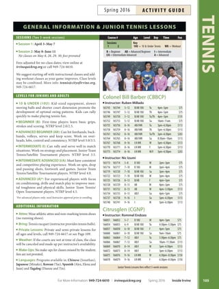 For information about upcoming volunteer orientations and trainings, please visit irvineshelter.org or call 949-724-7740.
PETS
104
Services Include:
Adoption of cats, dogs  rabbits Lost pet location
Volunteer opportunities Pet licensing
Community education Special events
*Adoption requests stop one hour prior to closing.
irvine AnimAl
cAre center
Providing care and love to homeless pets.
Monday–Friday: noon–7 p.m.*
Saturday  Sunday: 10 a.m.–5 p.m.*
Tuesday: Closed to the Public
949-724-7740 irvineshelter.org
Volunteer Information Hotline: 949-724-7747
6443 Oak Canyon Road, Irvine
(Located of Sand Canyon between
the 5 Freeway and Irvine Center Drive)
Inside Irvine Spring 2016 For More Information: 949-724-6610 | irvinequickreg.org
ac t i v i t y g u i d e Spring 2016
Puppy Kindergarten
Start your puppy (ages 2-5 months) on the right paw. So-
cialization, basic commands and discussions on bad habits
(chewing, hole-digging, housebreaking, biting). First
meeting held without puppies. More info: 714-532-3647.
Inst: Hacienda Hills Dog Obedience Club. Supply fee:
$10 (includes training manual). Handlers ages 18+. Junior
handlers 10 years and older with adult only.
Tu Apr 12–May 17 6:30pm–7:30pm NCCC $82 #165403
Dog Obedience:
Beginning
For all breeds of dogs over fve months.
Covers obedience exercises (heel, sit, stay,
come, down), long distance
work and corrections for
behavior problems. Tro-
phies and certifcates
awarded at gradua-
tion. First meeting
WITHOUT dogs
inside the building.
More info: 714-532-3647. Inst: Hacienda Hills Dog Obe-
dience Club. Materials fee: $10 (includes training manual).
Handlers ages 18+.
Tu Apr 12–May 24 7:30pm–8:30pm NCCC $92 #165405
W May 4–Jun 15 7:45pm–8:45pm UCP $92 #165406
Dog Manners Crash Course
Accomplish your dog training goals and get behavior
problems under control in just four weeks! Exercises in-
clude: sit and down on command, stay in sit or down po-
sition with distractions, come when called and controlled
walking on a leash. Dogs attend all meetings. Pre-regis-
tration is required. Te instructor can brief you before
the frst lesson. Bring shot records and $5 insurance fee
to frst meeting. More info: 714-532-3647. Inst: Hacienda
Hills Dog Obedience Club. Location: Santiago Canyon
College, East Orange (west of Jamboree) or TeWinkle
Park, Costa Mesa or Mariners Park, Newport Beach.
W Mar 9–30 6pm–7:15pm SCC $82 #161956
Sa Apr 2–23 3pm–4:15pm TWP $82 #166301
Tu May 31–Jun 21 7pm–8:15pm MARLIB $82 #166300
Frisbee-Dogs! Catch the Fun!
Dogs start learning the fun sport of Toss-N-Fetch from
avid Dog-Disc competitor, David Procida, in this one-
day workshop. Includes instruction on proper Frisbee
throwing techniques, motivating the dog to catch a disc
and bring it back to you plus an introduction to stunts,
spins and more. Registration required. Bring vaccination
records, your dog and $5 supply fee (includes a Frisbee).
More info: 714-532-3647. Inst: Hacienda Hills.
Su May 1 4pm–5:30pm TWP $32 #166302
 