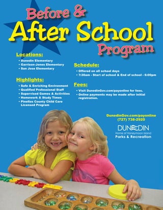 Parties  Group Rates	
After Hours Pool Party
Reserve Highlander Pool all to yourself
for your next birthday party, family get-
together, company outing or private party.
Private rental hours are available Friday,
Saturday, and Sunday evenings after
regular hours from April thru September.
Reservations are a 3-hour minimum
yy Up to 25 guests:	 $60 / hour
yy 26-50 guests:	 $85 / hour
yy 51-100 guests:	 $110 / hour
Birthday Bash
Throwing a birthday party at Highlander
Pool is a piece of cake! Reservations
may be made during regular pool hours
only. Package Includes:
yy Admission for 10 participants
yy 1 hour reserved time at pool shelter
yy Additional shelter time: $15 / hour
yy Additional participants: $3 each
Call (727) 298-3266 for reservations.
Group Rates
Treat your camp, family or friends to a day
at Highlander Pool! Enjoy the Jr. Olympic
sized pool, 2 diving boards, slides,
children’s pool, and certified lifeguards.
$2 / person (groups of 6 or more)
Camps and large groups must reserve
in advance. Call (727) 298-3266 for
reservations.
Aquatics
Lifeguard Training	
Jr. Lifeguard Training
Learn the basic rescue skills to prepare
for lifeguard training, principles of proper
scanning, how to help in an emergency,
and also improve your swim endurance.
11-14 yrs
Sat / Sun	 Apr 30 - May 14	 9 am - 2pm
$110 *Act#: 525305 (no class 5/7)
Highlander Pool
Must be able to swim 25yds in front crawl and breast
stroke, tread water for 1min, float on back for 30sec and
swim underwater for 10ft.
Lifeguard Training
Want a fun and rewarding summer job?
Successfully complete this course to
become a certified lifeguard. Must pass
swim test and attend all classes.
15+ yrs
Saturdays	 April 9 - 23		 9 am - 5 pm
Must have full capacity to run class, see deadline
below. Bring suit, towel, dry clothes, and lunch.
$255
Highlander Pool
Registration Deadline: Thur, March 31, 12pm
Swim Test Date: Thur, March 31, 6-7 pm
Swim test includes 100yd free-style, 100yd breast
stroke, an additional 100yd free-style or breast stroke,
tread water 2min, and retrieve a 10lb brick from a depth
of 10ft and swim to side of pool.
Swim Teams	
Special Olympics Swim Team
Geared for swimmers with intellectual
disabilities, participants will explore the
principles of the four basic swim strokes
and have the opportunity to participate in
the regional qualifier swim meet.
5+ yrs	 Tues / Thurs	 6 - 7 pm
Season:	 June - August	
$60 *Act#: 520981 Highlander Pool
Trident Youth Swim Team
Geared towards beginners, recreational
and competitive swimming, participants
will learn and expand on their skills with
Coach Rich Rogers. Optional local swim
meets offered during the summer.
5-17 yrs		 Spring  Summer season
Spring:	 Tues / Thur	 4/5-6/2	 5:30 - 6:30pm
Summer:	Mon-Thurs	 6/13-7/28	 9 - 10am or
				 5:30-6:30pm
$16 annual fee for AAU registration (paid to Coach)
$110 (Spring season); $195 (Summer season)
*Act#: 520381 Highlander Pool
Special Events	
Splash Bash  Picnic
Kick off the season pool style! Games
and races held throughout the day; music
and lunch provided. Don’t forget your
towel and bathing suit for fun and games!
Saturday	 May 7		 11 am - 3 pm
$ Free Highlander Pool
Christmas in July
It’s Christmas at the Highlander Pool!
Experience the holiday spirit by dancing
to your favorite holiday music, enjoying
holiday themed games  races, trying
your luck with the Elf raffle, and of course,
S’mores! Picnic lunch provided.
Saturday	 July 16		 11 am - 3 pm
$3 / person (2yrs  under are free)
Highlander Pool
Water Fitness	
Aqua Zumba
Enjoy invigorating low-impact aquatic
exercises that blend cardio conditioning
and body toning.
16+ yrs	 Thursdays		 6 - 7 pm
	 May - September
$5 / $7 Highlander Pool
Shallow Water Wellness
Exercise with low to zero impact on the
body to tone your muscle and get a great
cardiovascular workout.
16+ yrs
April - May	 Tuesdays		 6 - 7 pm
June - Aug	 Mon  Wed		 9 - 10 am
	 Tuesdays		 6 - 7 pm
September 	 Tuesdays		 6 - 7 pm
$4 class Highlander Pool
Make a Splash!
Kiwanis Sprayground
Open March 26 - October 16
9 am - 7 pm, Free
Free!
New!
	 DunedinGov.com/camps	 Pricing Key: $ Rec Card / $ No Card	 Act#: = Available for Online Registration 13
New!
 