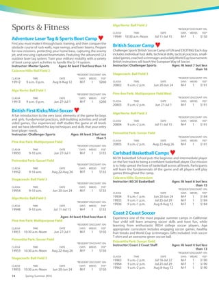 www.carlsbadconnect.org 13See registration information on page 70.
Fun Things to Do
Pool Eventsat Alga Norte Aquatic Center
Pirate Plunge
April 23, 5–9 p.m.
$10 per person
(kids 3 and younger free)
Enjoy fun, pirate theme
pool activities followed by
a movie.
SplashintoSummer
June 11, 5–9 p.m.
$10 per person
(kids 3 and younger free)
Hours of fun with floating
obstacles, water balls and
a movie in the pool.
Splash Bash
June 25, 6–9 p.m.
$8 per person
(kids 3 and younger free)
An evening of family fun at
the pool splashing around
with floating obstacles,
water balls and diving
boards while listening
to music.
Float n’Flick
July 9, 7–10 p.m.
$8 per person
(kids 3 and younger free)
Enjoy a movie under the
stars while floating in our
warm water pool.
Aloha Plunge
August 20, 5–9 p.m.
$10 per person
(kids 3 and younger free)
Enjoy Island themed
entertainment followed by
a movie in the pool.
Sign upToday!
www.carlsbadconnect.org
StarWars
Ever since Star Wars was introduced to the world back in the
summer of 1977, kids have embraced and expanded the saga
beyond the movies. They have brought it into their homes by
playing beloved characters such as Obi-Wan Kenobi, Han Solo or
Princess Leia. This will be a one stop, kid friendly camp, exploring
the ever expanding universe of Star Wars!
Harding: Recreation Hall
Instructor: Arimaw Productions Ages: At least 6 but less
than 13
*RESIDENT DISCOUNT 10%
CLASS# TIME DATE DAYS WEEKS FEE*
20526 10 a.m.-2 p.m. Aug 15-Aug 19 M-F 1 $171
Survivalist
Do you know how to tie knots, cook outside, and navigate using
natural landmarks? In this camp you’ll develop skills to survive in the
wilderness. Building shelter, finding water, growing food, and
identifying edibles will all be covered in this week long outdoor
adventure! Please bring water and snacks to keep your survivalist
hydrated.
Calavera Hills: Ball Field 3
Instructor: Arimaw Productions Ages: At least 6 but less
than 13
*RESIDENT DISCOUNT 10%
CLASS# TIME DATE DAYS WEEKS FEE*
20531 9 a.m.-1 p.m. Jun 27-Jul 1 M-F 1 $160
Teenage Mutant NinjaTurtles
Those green turtles are back! Campers will learn karate, pizza cooking,
and crime solving. Plenty of crafts, face-painting, fun, and much more!
Stagecoach: Meeting Room 1
Instructor: Arimaw Productions Ages: At least 4 but less
than 7
*RESIDENT DISCOUNT 10%
CLASS# TIME DATE DAYS WEEKS FEE*
20532 9 a.m.-Noon Jul 5-Jul 8 T-F 1 $128
Top Chef
Back by popular demand, in Top Chef camp, campers will learn how
to make several delicious and fun dishes. This camp features
delectable competitions with plenty of challenges. Menus are
prepared, and our restaurant is open at the end of the week for family
and friends! Campers will be divided into younger and older groups.
Instructor: Arimaw Productions Ages: At least 6 but less
than 13
Stagecoach: Activity Room
*RESIDENT DISCOUNT 10%
CLASS# TIME DATE DAYS WEEKS FEE*
20685 9 a.m.-1 p.m. Jun 20-Jun 24 M-F 1 $180
Harding: Recreation Hall
*RESIDENT DISCOUNT 10%
CLASS# TIME DATE DAYS WEEKS FEE*
20686 10 a.m.-2 p.m. Jul 11-Jul 15 M-F 1 $180
 
