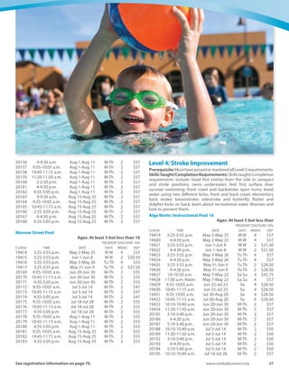 26	 Spring-Summer 2016
Level 2: Fundamental Aquatic Skills
Prerequisite:MusthavepassedormasteredallLevel1requirements.
Skills Taught/Completion Requirements: Enter water by jumping
from the side; fully submerge and hold breath; bobbing; open eyes
under water and retrieve submerged objects; front, jellyfish and
tuck floats; front and back glides and floats; roll from front to back
and back to front; change direction of travel while swimming on
front or back; tread water using arm and leg actions; combined arm
and leg actions on front and back; finning arm action; learn how to
stay safe in, on and around the water, including the use of life jacket
and sun safety.
Alga Norte: Instructional Pool
	 Ages: At least 5 but less than 16
	 *RESIDENT DISCOUNT 10%
CLASS#	 TIME	 DATE	 DAYS	WEEKS	 FEE*
19376	 2:50-3:20 p.m.	 May 2-May 25	 M W	 4	 $57
19377	 3:25-3:55 p.m.	 May 2-May 25	 M W	 4	 $57
19378	 5:10-5:40 p.m.	 May 2-May 25	 M W	 4	 $57
19379	 2:50-3:20 p.m.	 Jun 1-Jun 8	 M W	 2	 $21.50
19380	 3:25-3:55 p.m.	 Jun 1-Jun 8	 M W	 2	 $21.50
19381	 5:10-5:40 p.m.	 Jun 1-Jun 8	 M W	 2	 $21.50
19382	 2:50-3:20 p.m.	 May 3-May 26	 Tu Th	 4	 $57
19383	 3:25-3:55 p.m.	 May 3-May 26	 Tu Th	 4	 $57
19384	 5:10-5:40 p.m.	 May 3-May 26	 Tu Th	 4	 $57
19385	 2:50-3:20 p.m.	 May 31-Jun 9	 Tu Th	 2	 $28.50
19386	 3:25-3:55 p.m.	 May 31-Jun 9	 Tu Th	 2	 $28.50
19387	 5:10-5:40 p.m.	 May 31-Jun 9	 Tu Th	 2	 $28.50
19388	 10:30-11 a.m.	 May 7-May 22	 Sa Su	 4	 $42.75
19389	 3:25-3:55 p.m.	 May 7-May 22	 Sa Su	 4	 $42.75
19391	 9:35-10:05 a.m.	 Jun 25-Jul 23	 Sa	 4	 $28.50
19390	 10:45-11:15 a.m.	 Jun 25-Jul 23	 Sa	 4	 $28.50
19392	 9:35-10:05 a.m.	 Jul 30-Aug 20	 Sa	 4	 $28.50
19393	 10:45-11:15 a.m.	 Jul 30-Aug 20	 Sa	 4	 $28.50
19394	 9-9:30 a.m.	 Jun 20-Jun 30	 M-Th	 2	 $57
19395	 10:10-10:40 a.m.	 Jun 20-Jun 30	 M-Th	 2	 $57
19396	 11:20-11:50 a.m.	 Jun 20-Jun 30	 M-Th	 2	 $57
20614	 2:35-3:05 p.m.	 Jun 20-Jun 30	 M-Th	 2	 $57
20615	 3:10-3:40 p.m.	 Jun 20-Jun 30	 M-Th	 2	 $57
20616	 5:10-5:40 p.m.	 Jun 20-Jun 30	 M-Th	 2	 $57
20617	 9:35-10:05 a.m.	 Jul 5-Jul 14	 M-Th	 2	 $50
20618	 10:10-10:40 a.m.	 Jul 5-Jul 14	 M-Th	 2	 $50
20619	 11:20-11:50 a.m.	 Jul 5-Jul 14	 M-Th	 2	 $50
20620	 2:35-3:05 p.m.	 Jul 5-Jul 14	 M-Th	 2	 $50
20622	 3:10-3:40 p.m.	 Jul 5-Jul 14	 M-Th	 2	 $50
20621	 5:10-5:40 p.m.	 Jul 5-Jul 14	 M-Th	 2	 $50
20623	 9:35-10:05 a.m.	 Jul 18-Jul 28	 M-Th	 2	 $57
20624	 10:10-10:40 a.m.	 Jul 18-Jul 28	 M-Th	 2	 $57
20625	 11:20-11:50 a.m.	 Jul 18-Jul 28	 M-Th	 2	 $57
20626	 2:35-3:05 p.m.	 Jul 18-Jul 28	 M-Th	 2	 $57
20627	 3:10-3:40 p.m.	 Jul 18-Jul 28	 M-Th	 2	 $57
20628	 5:10-5:40 p.m.	 Jul 18-Jul 28	 M-Th	 2	 $57
20629	 9:35-10:05 a.m.	 Aug 1-Aug 11	 M-Th	 2	 $57
20630	 10:10-10:40 a.m.	 Aug 1-Aug 11	 M-Th	 2	 $57
20631	 11:20-11:50 a.m.	 Aug 1-Aug 11	 M-Th	 2	 $57
20632	 2:35-3:05 p.m.	 Aug 1-Aug 11	 M-Th	 2	 $57
20633	 3:10-3:40 p.m.	 Aug 1-Aug 11	 M-Th	 2	 $57
20634	 5:10-5:40 p.m.	 Aug 1-Aug 11	 M-Th	 2	 $57
20635	 10:10-10:40 a.m.	 Aug 15-Aug 25	 M-Th	 2	 $57
20636	 2:35-3:05 p.m.	 Aug 15-Aug 25	 M-Th	 2	 $57
20637	 5:10-5:40 p.m.	 Aug 15-Aug 25	 M-Th	 2	 $57
Monroe Street Pool
	 Ages: At least 5 but less than 16
	 *RESIDENT DISCOUNT 10%
CLASS#	 TIME	 DATE	 DAYS	WEEKS	 FEE*
20123	 9:35-10:05 a.m.	 Jun 20-Jun 30	 M-Th	 2	 $55
20124	 9:35-10:05 a.m.	 Jul 5-Jul 14	 M-Th	 2	 $47
20125	 9:35-10:05 a.m.	 Jul 18-Jul 28	 M-Th	 2	 $55
20126	 9:35-10:05 a.m.	 Aug 1-Aug 11	 M-Th	 2	 $55
20127	 9:35-10:05 a.m.	 Aug 15-Aug 25	 M-Th	 2	 $55
Level 3: Stroke Development
Prerequisite: Must have passed or mastered all Preschool 3/Level 2
requirements. Skills Taught/Completion Requirements: Enter
water by jumping from the side; headfirst entries from the side in
sitting and kneeling positions; bobbing to safety; rotary breathing;
survival float; back float; tread water; flutter, scissor, dolphin and
breaststroke kicks on front; front crawl and elementary backstroke,
learn to perform simple non-swimming assists; learn to recognize,
prevent and respond to cold water emergencies
Alga Norte: Instructional Pool
	 Ages: At least 5 but less than 16
	 *RESIDENT DISCOUNT 10%
CLASS#	 TIME	 DATE	 DAYS	WEEKS	 FEE*
19398	 3:25-3:55 p.m.	 May 2-May 25	 M W	 4	 $57
19399	 4-4:30 p.m.	 May 2-May 25	 M W	 4	 $57
19400	 4:35-5:05 p.m.	 May 2-May 25	 M W	 4	 $57
19401	 3:25-3:55 p.m.	 Jun 1-Jun 8	 M W	 2	 $21.50
19402	 4-4:30 p.m.	 Jun 1-Jun 8	 M W	 2	 $21.50
19403	 4:35-5:05 p.m.	 Jun 1-Jun 8	 M W	 2	 $21.50
19404	 3:25-3:55 p.m.	 May 3-May 26	 Tu Th	 4	 $57
19405	 4-4:30 p.m.	 May 3-May 26	 Tu Th	 4	 $57
19406	 4:35-5:05 p.m.	 May 3-May 26	 Tu Th	 4	 $57
19407	 3:25-3:55 p.m.	 May 31-Jun 9	 Tu Th	 2	 $28.50
19408	 4-4:30 p.m.	 May 31-Jun 9	 Tu Th	 2	 $28.50
19409	 4:35-5:05 p.m.	 May 31-Jun 9	 Tu Th	 2	 $28.50
19410	 10-10:30 a.m.	 May 7-May 22	 Sa Su	 4	 $42.75
19411	 10:30-11 a.m.	 May 7-May 22	 Sa Su	 4	 $42.75
19412	 11:30 a.m.-Noon	 May 7-May 22	 Sa Su	 4	 $42.75
20129	 9:35-10:05 a.m.	 Jun 25-Jul 23	 Sa	 4	 $28.50
20130	 10:10-10:40 a.m.	 Jun 25-Jul 23	 Sa	 4	 $28.50
20131	 11:20-11:50 a.m.	 Jun 25-Jul 23	 Sa	 4	 $28.50
20132	 9:35-10:05 a.m.	 Jul 30-Aug 20	 Sa	 4	 $28.50
20133	 10:10-10:40 a.m.	 Jul 30-Aug 20	 Sa	 4	 $28.50
20134	 11:20-11:50 a.m.	 Jul 30-Aug 20	 Sa	 4	 $28.50
20135	 9-9:30 a.m.	 Jun 20-Jun 30	 M-Th	 2	 $57
20136	 9:35-10:05 a.m.	 Jun 20-Jun 30	 M-Th	 2	 $57
20137	 10:45-11:15 a.m.	 Jun 20-Jun 30	 M-Th	 2	 $57
20138	 11:20-11:50 a.m.	 Jun 20-Jun 30	 M-Th	 2	 $57
20139	 2-2:30 p.m.	 Jun 20-Jun 30	 M-Th	 2	 $57
20140	 4-4:30 p.m.	 Jun 20-Jun 30	 M-Th	 2	 $57
20141	 4:35-5:05 p.m.	 Jun 20-Jun 30	 M-Th	 2	 $57
20142	 9 a.m.-9:30 a.m.	 Jul 5-Jul 14	 M-Th	 2	 $50
20143	 9:35-10:05 a.m.	 Jul 5-Jul 14	 M-Th	 2	 $50
20144	 10:45-11:15 a.m.	 Jul 5-Jul 14	 M-Th	 2	 $50
20145	 11:20-11:50 a.m.	 Jul 5-Jul 14	 M-Th	 2	 $50
20146	 2-2:30 p.m.	 Jul 5-Jul 14	 M-Th	 2	 $50
20147	 4-4:30 p.m.	 Jul 5-Jul 14	 M-Th	 2	 $50
20148	 4:35-5:05 p.m.	 Jul 5-Jul 14	 M-Th	 2	 $50
20149	 9-9:30 a.m.	 Jul 18-Jul 28	 M-Th	 2	 $57
20150	 9:35-10:05 a.m.	 Jul 18-Jul 28	 M-Th	 2	 $57
20151	 10:45-11:15 a.m.	 Jul 18-Jul 28	 M-Th	 2	 $57
20152	 11:20-11:50 a.m.	 Jul 18-Jul 28	 M-Th	 2	 $57
20153	 2-2:30 p.m.	 Jul 18-Jul 28	 M-Th	 2	 $57
20154	 4-4:30 p.m.	 Jul 18-Jul 28	 M-Th	 2	 $57
20155	 4:35-5:05 p.m.	 Jul 18-Jul 28	 M-Th	 2	 $57
 