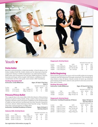 30	 Spring-Summer 2016
Adult ♥
Adult Ballet
Enjoy learning ballet while developing confidence, mental
concentration, physical coordination and grace. This class is for
students seeking an introduction to ballet or experienced dancers
who just want to dance. Please note that students wanting to wear
pointe shoes may do so at their own risk and at the discretion of the
instructor.
Instructor: Carlsbad Academy of Dance	 Ages: 18 and up
Harding: Recreation Hall
	 *RESIDENT DISCOUNT 10%
CLASS#	 TIME	 DATE	 DAYS	WEEKS	 FEE*
19052	 8:30-9:30 a.m.	 Apr 2-Apr 30	 Sa	 5	 $58
19053	 8:30-9:30 a.m.	 May 7-Jun 4	 Sa	 5	 $58
19054	 8:30-9:30 a.m.	 Jun 18-Jul 30	 Sa	 7	 $81
20741	 8:30--9:30 a.m.	 Aug 6-Aug 27	 Sa	 4	 $47
Stagecoach: Activity Room
	 *RESIDENT DISCOUNT 10%
CLASS#	 TIME	 DATE	 DAYS	WEEKS	 FEE*
19056	 6:20-7:20 p.m.	 May 5-Jun 9	 Th	 6	 $70
19057	 6:20-7:20 p.m.	 Jun 16-Jun 30	 Th	 3	 $35
19058	 6:20-7:20 p.m.	 Jul 7-Jul 28	 Th	 4	 $47
19059	 6:20-7:20 p.m.	 Aug 4-Aug 25	 Th	 4	 $47
Belly Dancing
Learn the ancient art of Belly Dance! American cabaret style with
Arabic, Lebanese belly dance and gypsy energy! Dance feminine
steps to beautiful Middle Eastern music. Improve flexibility,
coordination and core muscle strength. Instructor has been a
professional belly dancer since 1997 and taught fitness dance
classes for 20 years.
Stagecoach: Activity Room
Instructor: Vicki Deriso	 Ages: 16 and up
	 *RESIDENT DISCOUNT 10%
CLASS#	 TIME	 DATE	 DAYS	WEEKS	 FEE*
19154	 7:35-8:35 p.m.	 Apr 19-May 10	 Tu	 4	 $44
19155	 7:35-8:35 p.m.	 May 24-Jun 7	 Tu	 3	 $44
19156	 7:35-8:35 p.m.	 Jun 28-Jul 19	 Tu	 4	 $44
19157	 7:35-8:35 p.m.	 Aug 2-Aug 23	 Tu	 4	 $44
Country Line Dancing
CLICK YOUR HEELS!! A fun energizing line dance class for beginners
and intermediates. Country music, some pop and RB music will be
played. Great for improving cardio fitness, muscle strength and
coordination. Wear shoes to SLIDE! Instructor has been a line dancer
since 2002 and fitness dance teacher for 20 years.
Stagecoach: Activity Room
Instructor: Vicki Deriso	 Ages: 16 and up
	 *RESIDENT DISCOUNT 10%
CLASS#	 TIME	 DATE	 DAYS	WEEKS	 FEE*
19466	 6:30-7:30 p.m.	 Apr 19-May 10	 Tu	 4	 $44
19463	 6:30-7:30 p.m.	 May 24-Jun 14	 Tu	 4	 $44
19464	 6:30-7:30 p.m.	 Jun 28-Jul 19	 Tu	 4	 $44
19465	 6:30-7:30 p.m.	 Aug 2-Aug 23	 Tu	 4	 $44
Jitterbug Swing for Beginners
Level One
Jitterbug is the world’s most popular Swing dance!You’ve wanted to
learn it for years, well, here’s your chance. Come join this fun, safe,
east beginner’s class where you will get everything you need to get
out on the dance floor: Rhythm, Patterns, Lead/Follow and Style!
Harding: Recreation Hall
Instructor: Christy Johnson	 Ages: 16 and up
	 *RESIDENT DISCOUNT 10%
CLASS#	 TIME	 DATE	 DAYS	WEEKS	 FEE*
20768	 7-8 p.m.	 Apr 5-Apr 26	 Tu	 4	 $56
20769	 7-8 p.m.	 Jun 7-Jun 28	 Tu	 4	 $56
20770	 7-8 p.m.	 Aug 2-Aug 23	 Tu	 4	 $56
Level Two
Now that you’ve got the basics in Jitterbug Swing, you are ready to
move on to learn more exciting turns and moves! In this faster
paced class that continues from Level One, you will get everything
you need to master the fundamentals of Rhythm, Patterns, Lead/
Follow Technique and Style.
Harding: Recreation Hall
Instructor: Christy Johnson	 Ages: 16 and up
	 *RESIDENT DISCOUNT 10%
CLASS#	 TIME	 DATE	 DAYS	WEEKS	 FEE*
20781	 8-9 p.m.	 May 3-May 24	 Tu	 4	 $56
20782	 8-9 p.m.	 Jul 5-Jul 26	 Tu	 4	 $56
Salsa for Beginners
Level One
Salsa is the world’s most popular Latin dance! You’ve wanted to
learn it for years, well, here’s your chance. Come join this fun, safe,
easy beginner’s class where you will get everything you need to get
out of the dance floor: Patterns, Lead/Follow Technique and Style!
Harding: Recreation Hall
Instructor: Christy Johnson	 Ages: 16 and up
	 *RESIDENT DISCOUNT 10%
CLASS#	 TIME	 DATE	 DAYS	WEEKS	 FEE*
20761	 7-8 p.m.	 May 3-May 24	 Tu	 4	 $56
20762	 7-8 p.m.	 Jul 5-Jul 26	 Tu	 4	 $56
Level Two
Now that you’ve got the basics in Salsa dance, you are ready to
move up to learn more exciting turns and moves! In this faster
paced class that continues from Level One, you will get everything
you need to master the fundamentals of: Rhythm, Patterns, Lead/
Follow Technique and Style.
Harding: Recreation Hall
Instructor: Christy Johnson	 Ages: 16 and up
	 *RESIDENT DISCOUNT 10%
CLASS#	 TIME	 DATE	 DAYS	WEEKS	 FEE*
20771	 8-9 p.m.	 Apr 5-Apr 26	 Tu	 4	 $56
20772	 8-9 p.m.	 Jun 7-Jun 28	 Tu	 4	 $56
20774	 8-9 p.m.	 Aug 2-Aug 23	 Tu	 4	 $56
Dance
Activities and classes with ♥offer a
health and wellness benefit to the participant.
 