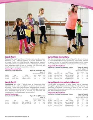 34	 Spring-Summer 2016
Petite Ballet Tap
Sing  Tap to classic children’s hits while learning to Shuffle  Flap.
Good Ship Lollipop, Boogie Baby  many children’s favorites.
Become a Princess, a French Can Can girl or an Indian Maiden. Ms.
Linda’s classes have fun dancing to their favorite Disney songs.
Harding: Recreation Hall
Instructor: Linda Wilkerson	 Ages: At least 3 but less
than 7
	 *RESIDENT DISCOUNT 10%
CLASS#	 TIME	 DATE	 DAYS	WEEKS	 FEE*
19556	 2-3 p.m.	 Apr 11-May 2	 M	 4	 $47
19557	 2-3 p.m.	 May 9-Jun 13	 M	 5	 $58
Princess/Prince Ballet/Tap
Wewilluseavarietyofpropstoenhanceimaginationandenjoyment
through two fundamental styles of dance. Each class your child will
become the princess/prince of their dreams! This is a great first class
for children who are getting ready to attend preschool for the first
time.
Harding: Recreation Hall
Instructor: Carlsbad Academy of Dance	 Ages: At least 3
but less than 9
	 *RESIDENT DISCOUNT 10%
CLASS#	 TIME	 DATE	 DAYS	WEEKS	 FEE*
20785	 9:40-10:25 a.m.	 Apr 2-Apr 30	 Sa	 5	 $47
20786	 9:40-10:25 a.m.	 May 7-Jun 4	 Sa	 5	 $47
20787	 9:40-10:25 a.m.	 Jun 18-Jul 30	 Sa	 7	 $65
20788	 9:40-10:25 a.m.	 Aug 6-Aug 27	 Sa	 4	 $37
Non-recital
	 *RESIDENT DISCOUNT 10%
CLASS#	 TIME	 DATE	 DAYS	WEEKS	 FEE*
19651	 10-10:45 a.m.	 Apr 15-May 20	 F	 6	 $57
19652	 10-10:45 a.m.	 Jun 3-Jul 8	 F	 6	 $57
19653	 10-10:45 a.m.	 Jul 29-Aug 26	 F	 5	 $48
Superhero Dance /Tap
This imaginative class is for every little boy or girl who dreams of
becoming a superhero! Capes, crowns, light sabers, and various
props will be provided to enhance creativity and enjoyment through
two fundamental styles of dance.
Harding: Recreation Hall
Instructor: Carlsbad Academy of Dance	 Ages: At least 3
but less than 9
	 *RESIDENT DISCOUNT 10%
CLASS#	 TIME	 DATE	 DAYS	WEEKS	 FEE*
19699	 10:55-11:40 a.m.	 Apr 15-May 20	 F	 6	 $57
19700	 10:55-11:40 a.m.	 Jun 3-Jul 8	 F	 6	 $57
19701	 10:55-11:40 a.m.	 Jul 29-Aug 26	 F	 5	 $48
Ballet Tap I
Dance fosters good posture, grace and musicality while encouraging
creativity and self-expression through movement. Class consists of
warm-up exercises in center and across the floor. Dancers will also
learn to do shuffles, flaps, flap heels, toe taps and heel drops in
various combinations.
Calavera Hills: Activity Room
Instructor: Carlsbad Academy of Dance	 Ages: At least 4
but less than 9
	 *RESIDENT DISCOUNT 10%
CLASS#	 TIME	 DATE	 DAYS	WEEKS	 FEE*
20777	 3:30-4:20 p.m.	 May 3-Jun 7	 Tu	 6	 $69
20778	 3:30-4:20 p.m.	 Jun 14-Jun 28	 Tu	 3	 $34
20779	 3:30-4:20 p.m.	 Jul 5-Jul 26	 Tu	 4	 $46
20780	 3:30-4:20 p.m.	 Aug 2-Aug 30	 Tu	 5	 $57
Ballet Tap I-II
Dance fosters good posture, grace and musicality while encouraging
creativity and self-expression through movement. Class consists of
warm-up, stretches, exercises in center and across the floor. Dancers
will also learn to do shuffles, flaps, flap heels, toe taps and heel
drops in various combinations.
Stagecoach: Activity Room
Instructor: Carlsbad Academy of Dance	 Ages: At least 4
but less than 10
	 *RESIDENT DISCOUNT 10%
CLASS#	 TIME	 DATE	 DAYS	WEEKS	 FEE*
19094	 3:10-4 p.m.	 May 2-Jun 6	 M	 5	 $57
19095	 3:10-4 p.m.	 Jun 13-Jun 27	 M	 3	 $34
19097	 3:10-4 p.m.	 Jul 11-Jul 25	 M	 3	 $34
19096	 3:10-4 p.m.	 Aug 1-Aug 29	 M	 5	 $57
Jazz Tap: Elementary
Dancers build on their current experience and focus on fine tuning
their technique. Students will learn isolations, pirouettes, and leap
combinations across the floor. Tap will consist of shuffles, flaps, flap
heels, toe taps, heel drops and will be taught at faster rhythms and
more complex combinations.
Stagecoach: Activity Room
Instructor: Carlsbad Academy of Dance	 Ages: At least 6
but less than 18
	 *RESIDENT DISCOUNT 10%
CLASS#	 TIME	 DATE	 DAYS	WEEKS	 FEE*
19304	 5:20-6:10 p.m.	 May 5-Jun 9	 Th	 6	 $69
19305	 5:20-6:10 p.m.	 Jun 16-Jun 30	 Th	 3	 $34
19306	 5:20-6:10 p.m.	 Jul 7-Jul 28	 Th	 4	 $46
20756	 5:20-6:10 p.m.	 Aug 4-Aug 25	 Th	 4	 $46
Jazz Tap I
Jazz dance warm-ups and stretches followed by across the floor,
learning jazz walks, chasses, kicks, high kicks and more. Dance
routines are taught to help memorization and rhythms. Beginning
tap steps are taught at the barre and then executed center and
across the floor. Short routines are taught to help with timing and
technique.
Harding: Recreation Hall
Instructor: Linda Wilkerson	 Ages: At least 6 but less
than 16
	 *RESIDENT DISCOUNT 10%
CLASS#	 TIME	 DATE	 DAYS	WEEKS	 FEE*
19301	 3-3:55 p.m.	 Apr 12-May 10	 Tu	 5	 $58
19302	 3-3:55 p.m.	 May 17-Jun 14	 Tu	 5	 $58
Activities and classes with ♥offer a
health and wellness benefit to the participant.
 