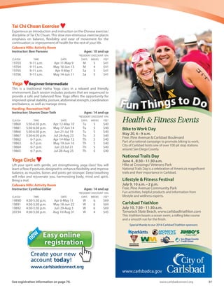 36 Spring-Summer 2016
Fitness
To read more about our Fitness classes, please view our detailed
descriptions online at www.CarlsbadConnect.org.
Jacki Sorensen’s Aerobic Dancing ♥Dance and tone your way to fitness with the original aerobic dance
program. Simple dance routines choreographed for fun (and for the
non-dancer too) all to upbeat and motivating music. All fitness
levels welcome. ‘Vertifirm’ standing floor work burns more calories.
Hand/ankle weights are optional. Classes can be selected as 2x or 3x
a week.
Harding: Recreation Hall
Instructor: Frances Walters Ages: 18 and up
2 Times/Week
*RESIDENT DISCOUNT 10%
CLASS# TIME DATE DAYS WEEKS FEE*
19289 8:30-9:30 a.m. Apr 1-Apr 29 M W F 5 $56
19293 8:30-9:30 a.m. May 2-May 27 M W F 4 $56
19290 8:30-9:30 a.m. Jun 1-Jun 29 M W F 5 $70
19291 8:30-9:30 a.m. Jul 1-Jul 29 M W F 5 $56
19292 8:30-9:30 a.m. Aug 1-Aug 26 M W F 4 $56
3 Times/Week
*RESIDENT DISCOUNT 10%
CLASS# TIME DATE DAYS WEEKS FEE*
19295 8:30-9:30 a.m. Apr 1-Apr 29 M W F 5 $82
19296 8:30-9:30 a.m. May 2-May 27 M W F 4 $76
19297 8:30-9:30 a.m. Jun 1-Jun 29 M W F 5 $82
19298 8:30-9:30 a.m. Jul 1-Jul 29 M W F 5 $76
19299 8:30-9:30 a.m. Aug 1-Aug 26 M W F 4 $76
Pilates + Stretch BodyWellness ♥Pilates is a dynamic method for producing power and energy
throughout the body’s center. That includes the Abs, Back and the
all-important Glutes. Join us to create stronger muscles, with
incredible core strength and fitness. Stretching will complement the
class to provide flexibility, elongate muscles and prevent injuries.
Calavera Hills: Activity Room
Instructor: Sue Stewart Ages: 16 and up
*RESIDENT DISCOUNT 10%
CLASS# TIME DATE DAYS WEEKS FEE*
19571 6-7 p.m. Apr 6-May 11 W 6 $41
19572 6-7 p.m. May 25-Jun 29 W 6 $41
PiYo
PiYo combines the muscle-sculpting, core-firming benefits of Pilates
with the strength, flexibility and power of Yoga. Moving quickly
provides a boost to the metabolism that leaves your body looking
long, lean and incredibly defined. Gold Certified Instructor.
Calavera Hills: Activity Room
Instructor: Sue Stewart Ages: 16 and up
*RESIDENT DISCOUNT 10%
CLASS# TIME DATE DAYS WEEKS FEE*
19575 6-7 p.m. Apr 4-May 9 M 6 $41
19576 6-7 p.m. May 23-Jun 27 M 5 $35
Activities and classes with ♥offer a
health and wellness benefit to the participant.
 