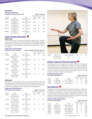 38	 Spring-Summer 2016
Activities and classes with ♥offer a
health and wellness benefit to the participant.
Martial Arts
Karate ♥Toddler
This class is a fun introduction to Karate. They will be learning how
to take directions, balance, punches, basic blocks and kicks in a fun
and age-appropriate atmosphere.They will learn to be in a class and
graduate into the Preschool karate classes.
Instructor: Jorge Lopez	 Ages: At least 2 but less than 4
Calavera Hills: Activity Room
	 *RESIDENT DISCOUNT 10%
CLASS#	 TIME	 DATE	 DAYS	WEEKS	 FEE*
19348	 10:30-11 a.m.	 Apr 13-May 18	 W	 6	 $75
Harding: Auditorium
	 *RESIDENT DISCOUNT 10%
CLASS#	 TIME	 DATE	 DAYS	WEEKS	 FEE*
19350	 10:30-11 a.m.	 Jul 27-Aug 31	 W	 6	 $75
Stagecoach: Activity Room
	 *RESIDENT DISCOUNT 10%
CLASS#	 TIME	 DATE	 DAYS	WEEKS	 FEE*
19349	 10:30-11 a.m.	 Jun 1-Jul 6	 W	 5	 $64
Preschool Beginner/Advanced
Sensei Jorge creates a fun yet disciplined environment where
children learn basic kicks, punches, blocks and stances of Shito-Ryu
style karate. Class improves motor skills, balance and coordination.
As your child progresses, they will learn advanced form and
technique. Karate uniforms are required and may be purchased
from instructor.
Instructor: Jorge Lopez	 Ages: At least 3 but less than 6
Calavera Hills: Activity Room
	 *RESIDENT DISCOUNT 10%
CLASS#	 TIME	 DATE	 DAYS	WEEKS	 FEE*
19344	 9:30-10:15 a.m.	 Apr 13-May 18	 W	 6	 $75
Harding: Auditorium
	 *RESIDENT DISCOUNT 10%
CLASS#	 TIME	 DATE	 DAYS	WEEKS	 FEE*
19346	 9:30-10:15 a.m.	 Jul 27-Aug 31	 W	 6	 $75
Stagecoach: Activity Room
	 *RESIDENT DISCOUNT 10%
CLASS#	 TIME	 DATE	 DAYS	WEEKS	 FEE*
19345	 9:30-10:15 a.m.	 Jun 1-Jul 6	 W	 5	 $64
Level I
Students will learn basic kicks, punches, blocks and stances of Shito-
Ryu style karate. Students will begin to advance through belt
structure. Good choices and behavior are taught along with respect
and discipline. Karate uniforms are required and may be purchased
from instructor. Age overrides are not permitted for this program.
Calavera Hills: Activity Room
Instructor: Jorge Lopez	 Ages: At least 5 but less than 11
	 *RESIDENT DISCOUNT 10%
CLASS#	 TIME	 DATE	 DAYS	WEEKS	 FEE*
19325	 4:30-5:30 p.m.	 Apr 11-May 16	 M	 6	 $87
19326	 4:30-5:30 p.m.	 Jul 25-Aug 29	 M	 6	 $87
Level II
Sensei Jorge creates a fun yet disciplined environment where
children learn basic kicks, punches, blocks and stances of Shito-Ryu
style karate. Class improves motor skills, balance and coordination.
As your child progresses, they will learn stances, combination
moves, correct form and technique. Karate uniforms are required
and may be purchased from instructor. Age overrides are not
permitted for this program.
Harding: Recreation Hall
Instructor: Jorge Lopez	 Ages: At least 5 but less than 13
	 *RESIDENT DISCOUNT 10%
CLASS#	 TIME	 DATE	 DAYS	WEEKS	 FEE*
19328	 5:45-6:45 p.m.	 Apr 13-May 18	 W	 6	 $98
19329	 5:45-6:45 p.m.	 Jun 8-Jul 13	 W	 6	 $98
19330	 5:45-6:45 p.m.	 Jul 27-Aug 31	 W	 6	 $98
Carlsbad Shotokan Karate ♥Beginning
Great exercise and self-defense! Introduces students to basic karate
techniques and forms for self-defense that build strength,
coordination, and flexibility. Special emphasis is placed on providing
tools for developing self-discipline and confidence along with skills
for dealing with peer pressure, conflict, and bullying. Se habla
Español. Sign-Language available.
Harding: Auditorium
Instructor: Jessica Greenwood	 Ages: 5 and up
	 *RESIDENT DISCOUNT 10%
CLASS#	 TIME	 DATE	 DAYS	WEEKS	 FEE*
19070	 5-5:50 p.m.	 Apr 6-Apr 27	 M W	 4	 $64
19071	 5-5:50 p.m.	 May 2-May 25	 M W	 4	 $64
19072	 5-5:50 p.m.	 Jun 1-Jun 22	 M W	 4	 $64
20752	 5-5:50 p.m.	 Jul 11-Aug 3	 M W	 4	 $64
20753	 5-5:50 p.m.	 Aug 8-Aug 31	 M W	 4	 $64
Intermediate
Carlsbad Shotokan Karate is a great form of exercise and self-
defense! Develop mastery of basic techniques while introducing
advanced ideas and techniques for sparring and self-defense. More
intense training allows students to increase their physical, mental,
and emotional endurance. Opportunities for competition. Se habla
Español. Sign language available.
Harding: Auditorium
Instructor: Jessica Greenwood	 Ages: 7 and up
	 *RESIDENT DISCOUNT 10%
CLASS#	 TIME	 DATE	 DAYS	WEEKS	 FEE*
19074	 6-6:50 p.m.	 Apr 6-Apr 30	 M W	 4	 $87
	 9-9:50 a.m.	 Sa	
19075	 6-6:50 p.m.	 May 2-May 28	 M W	 4	 $87
	 9-9:50 a.m.	 Sa	
19076	 6-6:50 p.m.	 Jun 1-Jun 25	 M W	 4	 $87
	 9-9:50 a.m.	 Sa	
20754	 6-6:50 p.m.	 Jul 11-Aug 6	 M W	 4	 $87
	 9-9:50 a.m.	 Sa	
20755	 6-6:50 p.m.	 Aug 8-Sep 3	 M W	 4	 $87
	 9-9:50 a.m.	 Sa	
 