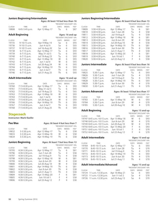 www.carlsbadconnect.org 49See registration information on page 70.
Teams are now forming for kickball,
dodgeball, basketball, softball and soccer.
Men’s. Women’s. Co-ed. Youth.
Sign up at www.carlsbadconnect.org
Join Today
Sports Leagues
Juniors Advanced Ages: At least 8 but less than 16
*RESIDENT DISCOUNT 10%
CLASS# TIME DATE DAYS WEEKS FEE*
19780 5:15-6:15 p.m. Apr 11-May 19 M Th 6 $87
19781 5:15-6:15 p.m. Jun 2-Jul 7 M Th 6 $73
19782 5:15-6:15 p.m. Jul 18-Aug 25 M Th 6 $87
Adult Beginner/Intermediate Ages: 16 and up
*RESIDENT DISCOUNT 10%
CLASS# TIME DATE DAYS WEEKS FEE*
19728 9-10:30 a.m. Apr 11-May 18 M W 6 $93
19729 9-10:30 a.m. Jun 1-Jul 6 M W 6 $73
19730 9-10:30 a.m. Jul 18-Aug 24 M W 6 $93
Adult Intermediate Ages: 16 and up
*RESIDENT DISCOUNT 10%
CLASS# TIME DATE DAYS WEEKS FEE*
19757 10:30 a.m.-Noon Apr 11-May 18 M W 6 $93
19758 10:30 a.m.-Noon Jun 1-Jul 6 M W 6 $73
19759 10:30 a.m.-Noon Jul 18-Aug 24 M W 6 $93
Calavera Hills
Instructor: Frank Fleming
Juniors Ages: At least 5 but less than 7
*RESIDENT DISCOUNT 10%
CLASS# TIME DATE DAYS WEEKS FEE*
19776 4-4:45 p.m. Apr 11-May 16 M 6 $87
Juniors Beginning Ages: At least 7 but less than 13
*RESIDENT DISCOUNT 10%
CLASS# TIME DATE DAYS WEEKS FEE*
19787 4:45-5:45 p.m. Apr 9-May 16 M 6 $87
Adult Beginning Ages: 16 and up
*RESIDENT DISCOUNT 10%
CLASS# TIME DATE DAYS WEEKS FEE*
19732 6-7:15 p.m. Apr 11-May 16 M 6 $93
19733 6-7:15 p.m. Jun 6-Jul 11 M 6 $93
19734 6-7:15 p.m. Jul 18-Aug 22 M 6 $93
Adult Intermediate Ages: 16 and up
*RESIDENT DISCOUNT 10%
CLASS# TIME DATE DAYS WEEKS FEE*
19754 7:15-8 p.m. Apr 11-May 16 M 6 $93
19755 7:15-8 p.m. Jun 6-Jul 11 M 6 $93
19756 7:15-8 p.m. Jul 18-Aug 22 M 6 $93
Poinsettia Park
Instructor: Frank Fleming
Juniors Ages: At least 5 but less than 7
*RESIDENT DISCOUNT 10%
CLASS# TIME DATE DAYS WEEKS FEE*
19777 10:15-11 a.m. Apr 9-May 14 Sa 6 $87
19778 4-4:45 p.m. Apr 13-May 18 W 6 $87
Juniors Beginning Ages: At least 7 but less than 13
*RESIDENT DISCOUNT 10%
CLASS# TIME DATE DAYS WEEKS FEE*
19791 11 a.m.-Noon Apr 9-May 14 Sa 6 $87
19792 3:45-4:45 p.m. Apr 12-May 17 Tu 6 $87
19793 4:45-5:45 p.m. Apr 13-May 18 W 6 $87
19794 4:45-5:45 p.m. Apr 14-May 19 Th 6 $87
 