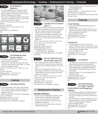 Register online: www.eastconn.org/communityed						 860-423-25914
•	 You will learn how to thread a machine, use all
stitches and complete samples of various seam
finishes.
NOTE: A list of materials to bring to class will be
provided prior to the beginning of class; students
must bring a sewing machine.
1 Class with Ashley
Wednesday, May 4, 6–8 p.m.
RHAM High School, Hebron
$35; Materials Fee: $10 payable to instructor
Sewing 201: PJ Pants
•	 This great skill-building class will have you brush-
ing up on your basic seam techniques.
•	 Learn to make an elastic casing and hem.
NOTE: A list of materials to bring to class will be
provided prior to the beginning of class.
1 Class with Ashley
Wednesday, April 6, 6-8 p.m.
Lyman Memorial High School, Lebanon
$39
Computers/Technology
Intro to Computers for
Seniors	
•	 Finding it difficult to use your computer these
days? If so, this workshop is for you!
•	 Learn to use e-mail, search the Internet, and create
word files.
•	 Instruction in this course will be tailored to the
individual needs of the participants.
NOTE: Personal laptop is recommended
4 Classes with Heidi
Fridays, January 29 – February 19, 1–2:30 p.m.
EASTCONN CLC, Willimantic
$75
Introduction to Smartphone  Tablets
•	 Explore the many options and functions, and learn
to make the most of your mobile device!
•	 Learn the specific differences between the IOS
(iPhone/iPad) and Android operating systems.
•	 Learn to better utilize the applications and func-
tions featured on your devices, including your
camera, calendar and music player.
•	 Learn about accessories available for your devices!
3 Classes with Krista
Mondays, February 1 – 22 (no class 2/15) (make-up
2/29), 5:30–7 p.m.
EASTCONN CLC, Willimantic
$59
Introduction to Pottery Techniques
•	 Learn different hand-forming pottery techniques.
•	 Create various decorative items for your spring
garden.
•	 Introduction to the pottery wheel. A demonstration
of “throwing” will be given.
•	 All levels of experience are welcome, from the
novice to the advanced.
•	 Material fees include clay, glaze and kiln firing.
6 Classes with Jean
Wednesdays, April 6 – May 11 (5/18 make-up date)
7–9 p.m.
Studio #5, Willimantic
$89; Material Fee: $35, payable to instructor
Natural Solutions with
Essential Oils	
•	 Explore the health benefits of essential oils in this
two-hour class.
•	 Learn how essential oils can be used to support,
strengthen, disinfect, relax and protect the structure
and function of your body.
•	 Take home a sampler treat, resource and recipe
guide!
1 Class with Jessica
Friday, March 11, 6–8 p.m.
Pomfret Community School, Pomfret
$25
New England Hurricanes:
Past, Present  Future
•	 Learn how hurricanes can affect our future and
how to better prepare and stay informed about
them!
•	 You will be introduced to the basic science, histori-
cal paths and regional effects that tropical systems
have had and can have on New England.
•	 Through PowerPoint, you will see recorded images
and graphs from past landfalls.
2 Classes with Ron
Wednesdays, May 4  11, 6–9 p.m.
EASTCONN, Hampton
$75
Romancing with Essential
Oils
•	 Are you tired and worn out at the end of the day?
•	 Educate yourself and learn how essential oils can
be used as room mists, linen sprays, bath soaks and
massage oil.
•	 Take home a sampler treat, resource and recipe
guide!
1 Class with Jessica
Monday, February 1, 6–8 p.m.
EASTCONN, Hampton
$29
Sewing 101
•	 Ever wanted to learn how to sew with a sewing
machine? This introductory class is your chance!
to ensure that your child has the necessary tools to
assist them in making healthy choices.
•	 Take home a sampler treat, resource and recipe
guide!
1 Class with Jessica
Friday, May 27, 6–8 p.m.
Plainfield High School, Plainfield
$29
Herbal Housekeeping
•	 Create herbal housekeeping products for your
home.
•	 Enjoy making an essential oil; enhanced liquid
castile soap; an herbal vinegar window-and-mirror
wash; moth-away sachet; essential-oil-enhanced
room spray; and an all-purpose cleaning spray.
•	 Handouts and recipes will be given to participants.
1 Class with Michele
Wednesday, March 2, 6–8 p.m.
EASTCONN, Hampton
$35; Material Fee: $25 payable to instructor
Herbal Medicine Products
for Gardeners	
•	 Gardeners will enjoy this course while making
sugar foot-and-hand scrub; an essential oil sooth-
ing bath soak; a massage oil to prevent stiffness;
and a relaxing tea blend.
•	 Handouts and recipes will be given to participants.
1 Class with Michele
Wednesday, April 20, 6–8 p.m.
EASTCONN CLC, Willimantic
$29; Material Fee: $25 payable to instructor
Introduction to Astronomy: Part 1
•	 Hop on board the cosmic express and take a jour-
ney from our precious planet Earth through our
solar system and beyond!
•	 Learn about our cosmic neighborhood.
•	 Study such cosmic wonders as the planets, stars,
comets, meteors, our sun and moon and so much
more!
1 Class with Ron
Wednesday, February 17, 6–9 p.m.
EASTCONN CLC, Willimantic
$45
Introduction to Astronomy: Part 2
•	 In this follow-up course to Part 1, you will learn
how to break into this fascinating hobby!
•	 You will discuss topics such as choosing and using
equipment, telescopes, optical eyepieces, accesso-
ries, tips and techniques.
•	 Take a journey to learn about deep space subjects
such as galaxies, nebulae, star clusters, comets,
meteors and more!
1 Class with Ron
Wednesday, February 24, 6–9 p.m.
EASTCONN’s Capitol Theater, Willimantic
$45
Arts, Crafts  Hobbies • Computers/Technology
NEW
NEW
NEW
NEW
NEW
NEW
NEW
NEW
 