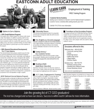 Register online: www.eastconn.org/communityed						 860-423-25918
Kids Corner  CTAA
•	 This is the final level before Advanced Ballet.
16 Classes with Amy
Saturdays, January 23 – May 28 (no class 2/13, 4/23,
5/28), 12:15–1:45 p.m.
EASTCONN’s Capitol Theater, Willimantic
$439
Boys’ Hip-Hop (ages 7+)
•	 In this age-appropriate boys only hip-hop class,
students will explore the fundamentals of hip-hop
and jazz dance, upon which hip-hop is based.
•	 Musicality and rhythm will be a focus.
•	 Physicality and creativity is encouraged.
13 Classes with Alana
Saturdays, January 23 – May 28 (no class 2/13, 2/20,
3/12, 3/26, 4/23, 5/28), 12–12:45 p.m.
EASTCONN’s Capitol Theater, Willimantic
$229
Creative Movement (ages 4-6)
•	 Perfect for children who love to move!
Children are introduced to the joy of dancing in this
introductory class.
•	 They will explore movement and coordination of
their bodies through music, rhythm, poems/stories
and props.
13 Classes with Alana
Saturdays, January 23 – May 28 (no class 2/13, 2/20,
3/12, 3/26, 4/23, 5/28), 12:45–1:15 p.m.
EASTCONN’s Capitol Theater, Willimantic
$199
Hip-Hop (ages 7-13)
•	 Students learn rhythm, musicality and
coordination.
•	 The fundamentals of jazz dance, upon which Hip-
Hop is based, will be focused on.
•	 Creativity is encouraged.
13 Classes with Alana
Saturdays, January 23 – May 28 (no class 2/13, 2/20,
3/12, 3/26, 4/23, 5/28), 11 a.m.–12 p.m.
EASTCONN’s Capitol Theater, Willimantic
$259
Jazz/Modern  Tap 1 (ages 6-10)
•	 Students learn to dance using jazz and modern
dance styles with an emphasis on using the whole
body, self-expression and spatial awareness.
•	 The Tap portion will teach basic vocabulary, styles
and fundamentals of Tap through technique, floor
progressions and dance combinations.
•	 Creativity is encouraged through improvisation.
13 Classes with Alana
Saturdays, January 23 – May 28 (no class 2/13, 2/20,
3/12, 3/26, 4/23, 5/28), 9–10 a.m.
EASTCONN’s Capitol Theater, Willimantic
$259
Jazz/Modern  Tap 2 (ages 8-12)
•	 Students move beyond the basics in this
intermediate-level class.
•	 They will develop the freedom, power and
dynamics of jazz and modern dance styles.
•	 Technique, floor progressions and dance
combinations will focus on refining tap skills for
clarity of sound and steps.
13 Classes with Alana
Saturdays, January 23 – May 28 (no class 2/13, 2/20,
3/12, 3/26, 4/23, 5/28), 10–11 a.m.
EASTCONN’s Capitol Theater, Willimantic
$269
Jazz/Modern 3 (Ages 10+)
•	 Students learn to dance with an emphasis on
using the whole body, self-expression and spatial
awareness.
•	 Specific historical styles of dance with modern
dance pioneers will be incorporated, including
Hortin, Limon, Graham and Cunningham.
•	 Creativity is encouraged through improvisation.
17 Classes with Alana
Wednesdays, January 20 – June 1 (no class 2/17, 3/9,
4/20), 6:30–7:30 p.m.
EASTCONN’s Capitol Theater, Willimantic
$299
Journey into Space with Legos
(grades 2-6)
•	 The sky is no limit for your future engineers as
they journey from earth to outer space and beyond.
•	 Students will blaze a trail to develop architecture,
design, problem solving and team building skills
while driving home key STEM elements and
reinforce the importance of simple machines.
•	 Students will build spaceship BB-133, Apollo
pullback car and V-Twelve Spaceship.
•	 Students take home everything they build!
6 Classes
Mondays, February 1 – March 14 (make-up dates
3/21  3/28), 3:30–5:30 p.m.
Pomfret Community School, Pomfret
$229
Modern Latin Dance for
Teens! – Part 1	
•	 Enjoy a positive and rich dance experience
learning about the roots of Latin music and dance.
•	 Explore such Latin dance rhythms such as Salsa,
Regaeton, Mambo, Merengue, Cumbia, Cha-Cha,
and Bachata.
•	 Great for preparing for Quinceanera celebrations
or just expanding your cultural and artistic
experiences!
6 Classes with Oswaldo
Tuesdays, February 9 – March 15 (make-up dates
3/22  3/29), 6:30–7:30 p.m.
Grasshopper Arts  Dance Studio, Willimantic
$89
Modern Latin Dance for
Teens! – Part 2	
•	 Learn advanced techniques in Bachata  Salsa,
building on lessons learned in part 1.
•	 Further explore connections between dance and
healthful living.
•	 Be the star of your Quinceanera celebration
or impress your friends and family with these
energetic and creative dance techniques.
NOTE: Modern Latin Dance for Teens! – Part 1 is a
pre-requisite for this course.
6 Classes with Oswaldo
Tuesdays, March 22 – May 3 (no class 4/19) (make-
up 5/10), 6:30–7:30 p.m.
Grasshopper Arts  Dance Studio, Willimantic
$89
Pointe 1/2
•	 In this introduction to pointe work class, students
learn to put on pointe shoes properly and how to
break them in.
•	 Class exercises work to improve ankle alignment,
flexibility and strength and to perfect the center of
balance necessary for pointe.
•	 Most classes work takes place at the barre.
•	 One required class for Pointe 1 is Ballet 4 along,
with one other ballet class.
19 Classes with Amy
Thursdays, January 21 – June 2 (no class 4/21)
7:45–8:15 p.m.
Capitol Theater, Willimantic
$225
Pointe 2/3
•	 This class is for students in their second year of
pointe study.
•	 Students will begin spending more time
off the barre, working on more demanding
steps, pirouettes and traveling turns, and then
incorporating these into simple enchainements.
•	 One required class for Pointe 2 is Ballet 4/5 along
with one other ballet class.
19 Classes with Amy
Wednesdays, January 20 – June 1 (no class 4/20),
7:30–8:15 p.m.
EASTCONN’s Capitol Theater, Willimantic
$285
NEW
NEW
 