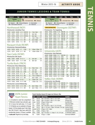 TENNIS
86 Inside Irvine Winter 2015-16 For More Information: 949-724-6610 | irvinequickreg.org
JUNIOR TENNIS LESSONS
Cypress (CCP)
Instructor: Alex St. Jean
162076 162077 162078 5–10 B10U Su 9am–10am $75
162079 162080 162081 5–10 B10U W 4pm–5pm $75
162082 162083 162084 5–10 B10U Sa 9am–10am $75
162085 162086 162087 5–10 AB/I10U Sa 10am–11am $75
162088 162089 162090 7–12 AB/I Su 10am–11:30am $113
162091 162092 162093 7–12 AB/I W 5pm–6pm $75
162094 162095 162096 7–12 AB/I Sa 11am–12:30pm $113
162097 162098 162099 11–16 AB/I W 6pm–7pm $75
162100 162101 162102 11–16 I/A Sa 12:30pm–2pm $113
162103 162104 162105 11–16 A Su 11:30am–1pm $113
Instructor: Jon Moody
162351 162352 162353 5–10 B/AB10U Tu 3:30pm–4:30pm $75
162354 162355 162356 5–10 B/AB10U Th 3:30pm–4:30pm $75
162357 162358 162359 5–10 B/AB10U Tu/Th 3:30pm–4:30pm $135
162360 162361 162362 7–14 B/AB Tu 4:30pm–5:30pm $75
162363 162364 162365 7–14 B/AB Th 4:30pm–5:30pm $75
162366 162367 162368 7–14 B/AB Tu/Th 4:30pm–5:30pm $135
164199 164200 164201 8–15 AB/I Tu 5:30pm–6:30pm $75
Deerfield (DCP)
Instructor: Jimmy Gleason
162319 162320 162321 5–10 B/AB10U W 3:30pm–4:30pm $75
162322 162323 162324 5–10 B/AB10U W 4:30pm–5:30pm $75
162325 162326 162327 5–10 B/AB10U Sa 8am–9am $75
162328 162328 162330 8–15 AB/I Tu 4:30pm–6pm $113
162331 162332 162333 8–15 AB/I Th 6pm–7:30pm $113
162334 162335 162336 8–15 AB/I F 3:30pm–5pm $113
162337 162338 162339 8–15 AB/I Sa 9am–10:30am $113
162340 162341 162342 10–17 AB/I Th 4:30pm–6pm $113
162343 162344 162345 10–17 AWK Sa 10:30am-12:30pm $150
162346 162347 162348 10–17 AWK F 5pm–7pm $150
164192 164193 164194 10–17 MatchPlay* Su 8am–10am $75
*MatchPlayislocatedatUniversityHighSchool
Homestead (HOMENP)
Instructor: Tae Byon
162865 162866 162867 6–13 B/AB M 5pm–6pm $75
162868 162869 162870 6–13 B/AB W 4pm–5pm $75
162871 162872 162873 6–13 B/AB F 5pm–6pm $75
162874 162875 162876 7–16 I Tu 5:30pm–7pm $113
162877 162878 162879 7–16 I Th 5:30pm–7pm $113
162880 162881 162882 7–16 I/AWK Tu 7pm–8:30pm $113
162883 162884 162885 7–16 I/AWK Th 7pm–8:30pm $113
162886 162887 162888 7–16 I/AWK F 6pm–7:30pm $113
162889 162890 162891 10–17 AWK M 6pm–8pm $150
162892 162893 162894 10–17 AWK Tu 3:30pm–5:30pm $150
162895 162896 162897 10–17 AWK W 5pm–7pm $150
162898 162899 162900 10–17 AWK Th 3:30pm–5:30pm $150
Course # Age Level Day Time Fee
Sessions
1 2 3
Key
10U=10UnderTennis WK=Workout
B = Beginner AB = Advanced Beginner I = Intermediate
I/A = Intermediate Advanced A = Advanced
Heritage (HCP)
Instructor: Chris Emery
162114 162115 162116 5–9 B/AB10U Tu 6pm–7pm $75
162117 162118 162119 5–9 B/AB10U Th 6pm–7pm $75
162120 162121 162122 5–9 B/AB10U Tu/Th 6pm–7pm $135
162123 162124 162125 8–15 B/AB M 6pm–7pm $75
162126 162127 162128 8–15 B/AB W 6pm–7pm $75
162129 162130 162131 8–15 B/AB M/W 6pm–7pm $135
162132 162133 162134 8–15 AB/I* M/F 4pm–6pm $225
162135 162136 162137 8–15 AB/I* W/F 4pm–6pm $225
162138 162139 162140 8–15 AB/I M/W 4pm–6pm $270
162141 162142 162143 8–15 AB/I* M/W/F 4pm–6pm $345
162144 162145 162146 8–15 AB/I M 4pm–6pm $150
162147 162148 162149 8–15 AB/I W 4pm–6pm $150
162217 162220 162221 9–16 AWK* Tu/F 4pm–6pm $225
162222 162223 162224 9–16 AWK* Th/F 4pm–6pm $225
162225 162226 162227 9–16 AWK Tu/Th 4pm–6pm $270
162228 162229 162230 9–16 AWK* Tu/Th/F 4pm–6pm $345
162231 162232 162233 9–16 AWK Tu 4pm–6pm $150
162234 162235 162236 9–16 AWK Th 4pm–6pm $150
162237 162238 162239 7–14 ABLadder F 3:30pm–6pm $75
162240 162241 162242 9–16 ILadder F 4:30pm–7pm $75
162243 162244 162245 9–16 ALadder F 5:30pm–8pm $75
*FeeincludesFridayLadder.FridayLaddertimesaredifferentthanweekdayclasses.
Knollcrest (KCNP)
Instructor: Rick Jackson
162668 162669 162670 5–9 B/AB10U W 3pm–4pm $75
162671 162672 162673 5–9 B/AB10U F 3pm–4pm $75
162674 162675 162676 5–9 B/AB10U Sa 9am–10am $75
162677 162678 162679 7–13 B/AB Su 9am–10am $75
162680 162681 162682 7–13 B/AB M 4pm–5pm $75
162683 162684 162685 7–13 B/AB M 5pm–6pm $75
162686 162687 162688 7–13 B/AB W 4pm–5pm $75
162689 162690 162691 7–13 B/AB Th 4pm–5pm $75
162692 162693 162694 7–13 B/AB Th 5pm–6pm $75
162695 162696 162697 7–13 B/AB F 4pm–5pm $75
162700 162701 162704 8–15 B/AB Su 11am–12pm $75
162707 162722 162723 7–13 AB/I W 5pm–6pm $75
Las Lomas (LLCP)
Instructor: Minako Stickney
161633 161634 161635 5–9 B10U Tu 3:30pm–4:30pm $75
161637 161638 161639 5–9 B10U Th 3:30pm–4:30pm $75
161641 161642 161643 8–16 B/AB W 3:30pm–5pm $113
161645 161646 161647 9–16 B/AB Tu 4:30pm–6pm $113
161649 161650 161651 9–16 B/AB Th 4:30pm–6pm $113
161653 161654 161655 9–16 I M 3:30pm–5pm $113
161657 161658 161659 9–16 I F 3:30pm–5pm $113
161661 161662 161663 10–18 AWK W 5pm–6:30pm $113
Course # Age Level Day Time Fee
Sessions
1 2 3
Key
10U=10UnderTennis WK=Workout
B = Beginner AB = Advanced Beginner I = Intermediate
I/A = Intermediate Advanced A = Advanced
Winter 2015-16AC T I V I T Y G U I D E
 