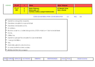 VIERNES 3º y 4º 1 Fútbol Oscar Vázquez
5º y 6º
ESO
4
5
7
Balón Prisionero
Baloncesto y 21
Combas, bailes y juegos tradicionales
M. Montull Víctor
Sara y Daniel
CESTA DE MATERIAL PARA LOS RECREOS PAR LO REC OS
• 4 pe lot a s d e g oma -e spuma .
• 2 ba lone s d e plá st ic o pa ra fút bol.
• 2 ba lone s d e ba lonc e st o.
• 2 c omba s.
• Ra d io-c a sse t e , c a ble a la rg a d or y 2 CD´s músic a • 1 ba t e d e bé isbol.
• 5 a ros.
• 2 Silba t os.
• 2 pe lot a s pe que ña s d e plá st ic o pa ra bé isbol.
• 1 Jue g o d e Birla s.
• Tiza .
• 2 bot e lla s plá st ic o la st ra d a s.
• 5 c onos d e limit a d ore s a zule s
• Bomba d e hinc ha r y a guj a
DÍA CURSOS ESPACIO ACTIVIDAD ÁRBITRO RESPONSABLES Inicio Final Observaciones
 