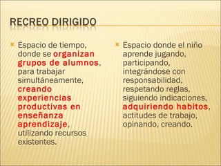 Espacio de tiempo, donde se  organizan grupos de alumnos , para trabajar simultáneamente,  creando experiencias productivas en enseñanza aprendizaje , utilizando recursos existentes. Espacio donde el niño aprende jugando, participando, integrándose con responsabilidad, respetando reglas, siguiendo indicaciones,  adquiriendo habitos , actitudes de trabajo, opinando, creando. 