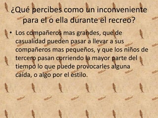 ¿Qué percibes como un inconveniente
para el o ella durante el recreo?
• Los compañeros mas grandes, que de
casualidad pueden pasar a llevar a sus
compañeros mas pequeños, y que los niños de
tercero pasan corriendo la mayor parte del
tiempo lo que puede provocarles alguna
caída, o algo por el estilo.
 
