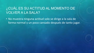 ¿CUÁL ES SU ACTITUD AL MOMENTO DE
VOLVER A LA SALA?
• No muestra ninguna actitud solo se dirige a la sala de
forma normal y un poco cansado después de tanto jugar.
 