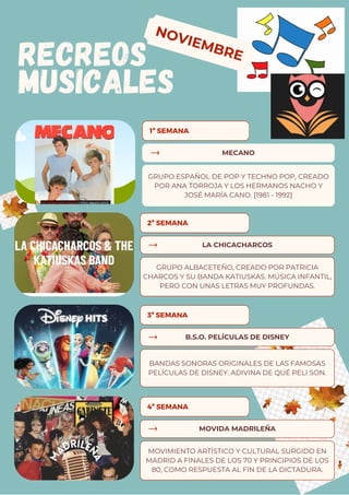 RECREOS
MUSICALES
NOVIEMBRE
MECANO
GRUPO ESPAÑOL DE POP Y TECHNO POP, CREADO
POR ANA TORROJA Y LOS HERMANOS NACHO Y
JOSÉ M...