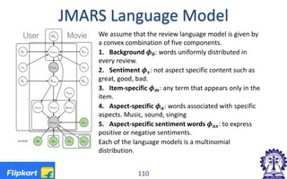 JMARS Language Model
110
We assume that the review language model is given by
a convex combination of five components.
1. Background 𝝓𝝓𝟎𝟎: words uniformly distributed in
every review.
2. Sentiment 𝝓𝝓𝒔𝒔: not aspect specific content such as
great, good, bad.
3. Item-specific 𝝓𝝓 𝒎𝒎: any term that appears only in the
item.
4. Aspect-specific 𝝓𝝓𝒂𝒂: words associated with specific
aspects. Music, sound, singing
5. Aspect-specific sentiment words 𝝓𝝓𝒂𝒂𝒂𝒂: to express
positive or negative sentiments.
Each of the language models is a multinomial
distribution.
 