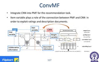 ConvMF
• Integrate CNN into PMF for the recommendation task.
• Item variable plays a role of the connection between PMF and CNN in
order to exploit ratings and description documents.
117
CNN
 