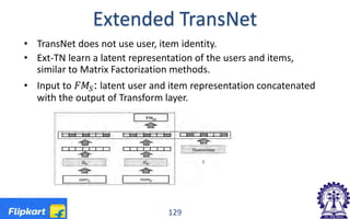 Extended TransNet
• TransNet does not use user, item identity.
• Ext-TN learn a latent representation of the users and items,
similar to Matrix Factorization methods.
• Input to 𝐹𝐹𝐹𝐹𝑆𝑆: latent user and item representation concatenated
with the output of Transform layer.
129
 