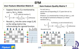 User-Feature Attention Matrix X
• Suppose feature 𝐹𝐹𝑗𝑗is mentioned by
user 𝑢𝑢𝑖𝑖 for 𝑡𝑡𝑖𝑖𝑖𝑖 times.
𝑋𝑋𝑖𝑖𝑖𝑖 = �
0, 𝑖𝑖𝑖𝑖 𝑢𝑢𝑖𝑖did not mention 𝐹𝐹𝑗𝑗
1 + 𝑁𝑁 − 1
2
1 + 𝑒𝑒−𝑡𝑡𝑖𝑖𝑖𝑖
− 1 otherwise
• Rescale 𝑡𝑡𝑖𝑖𝑖𝑖 into the same range [1,N]
as the rating matrix A by
reformulating the sigmoid function.
Item-Feature Quality Matrix Y
138
For each item 𝑝𝑝𝑖𝑖,
extract the corresponding (𝐹𝐹, 𝑆𝑆′
) pairs form all its
reviews.
If feature 𝐹𝐹𝑗𝑗 is mentioned for 𝑘𝑘 times on item 𝑝𝑝𝑖𝑖, and
the average of sentiment of feature 𝐹𝐹𝑗𝑗 in those
mentions are 𝑠𝑠𝑖𝑖𝑖𝑖.
𝑌𝑌𝑖𝑖𝑖𝑖 = �
0, if item 𝑝𝑝𝑖𝑖 is not reviewed on 𝐹𝐹𝑗𝑗
1 + 𝑁𝑁 − 1
2
1 + 𝑒𝑒−𝑘𝑘.𝑠𝑠𝑖𝑖𝑖𝑖
− 1 otherwise
Rescaled to [1,N]
EFM
 